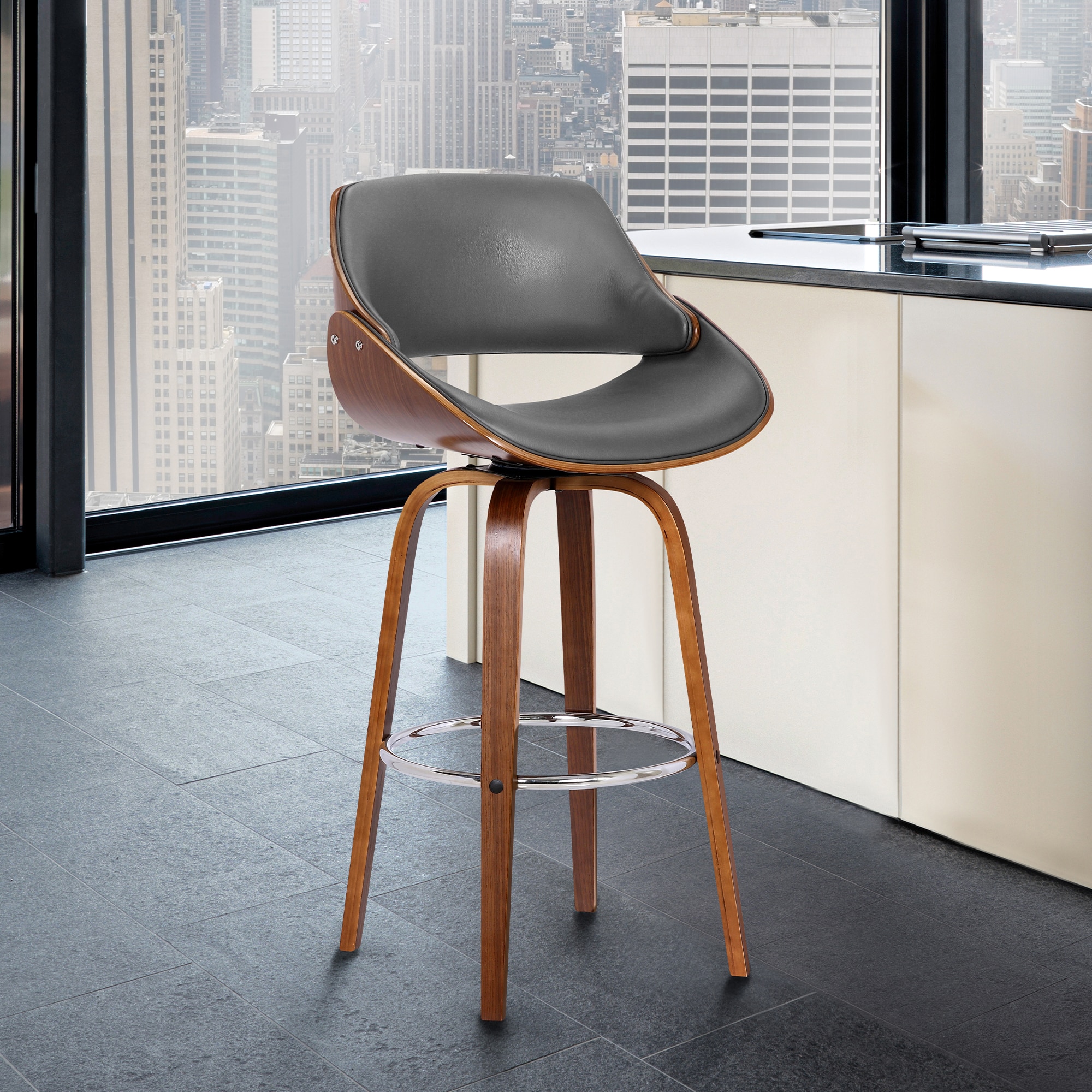 Mona 26" Gray Faux Leather and Walnut Swivel Bar Stool