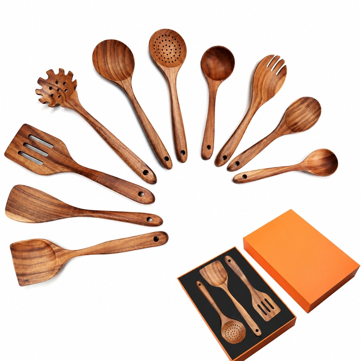 Vrbgify  Wooden Spoons for Cooking 10 Piece Natural Teak Wood Kitchen Utensils Set Wooden Spatulas and Spoons for Cooking