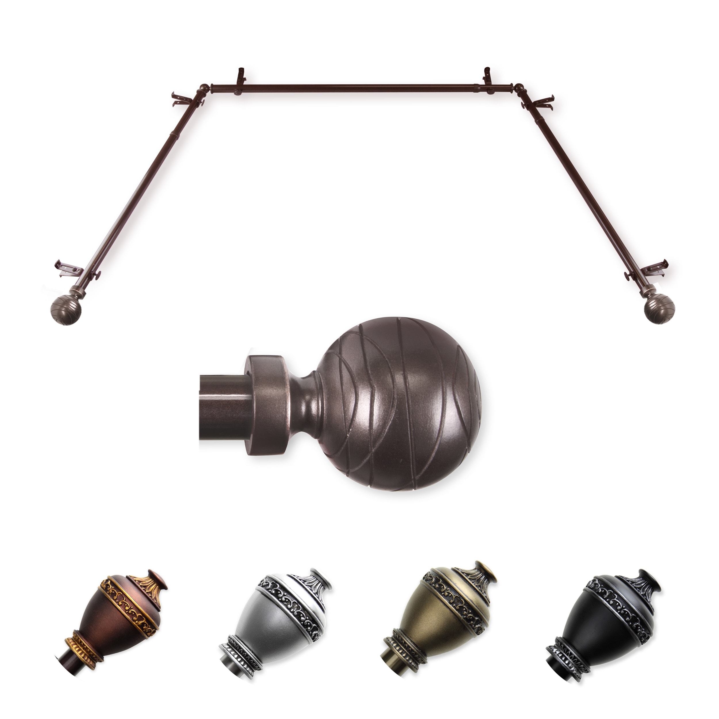 Hart & Harlow LO-ABAY-84-7 72-in to 144-in Cocoa Steel Bay window curtain rod with Finials