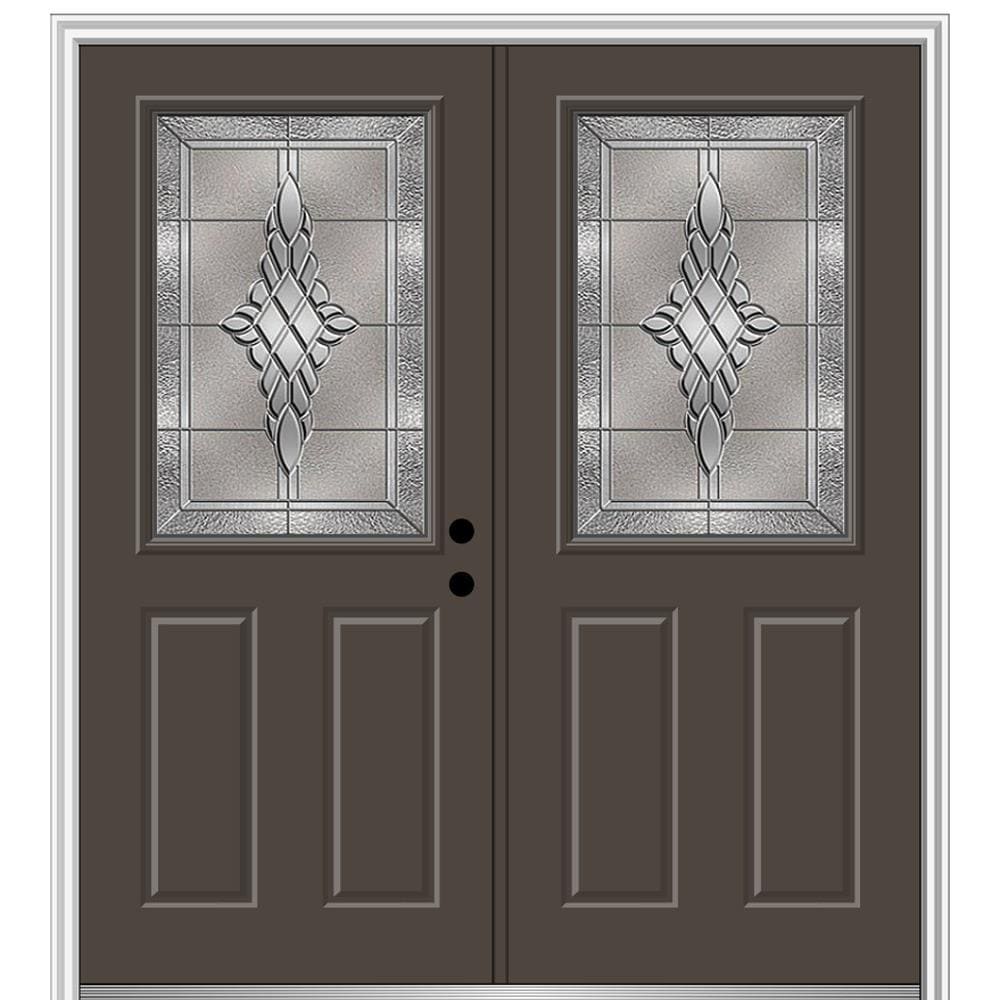 MMI DOOR ZZ366206L 72-in x 80-in x 6-9/16-in Fiberglass Half lite Left-hand inswing Brown Painted Prehung Double Front Door with Brickmould Insulating core