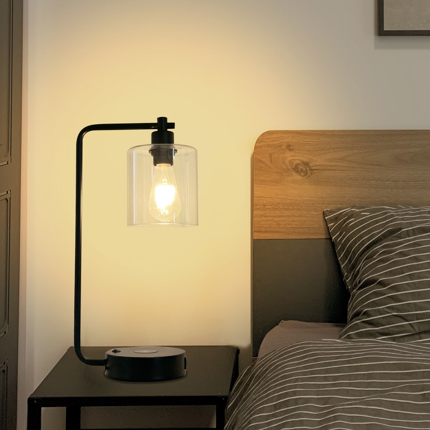 TVÄRHAND table lamp with LED bulb, black/bamboo - IKEA
