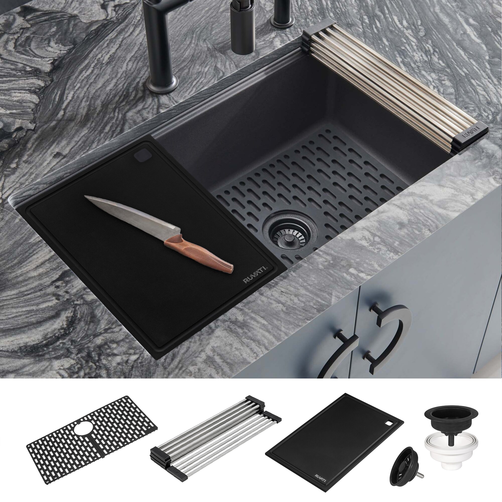 Ruvati RVG123061BK epiStage Undermount 32-in x 19-in Granite Single bowl Workstation Kitchen Sink