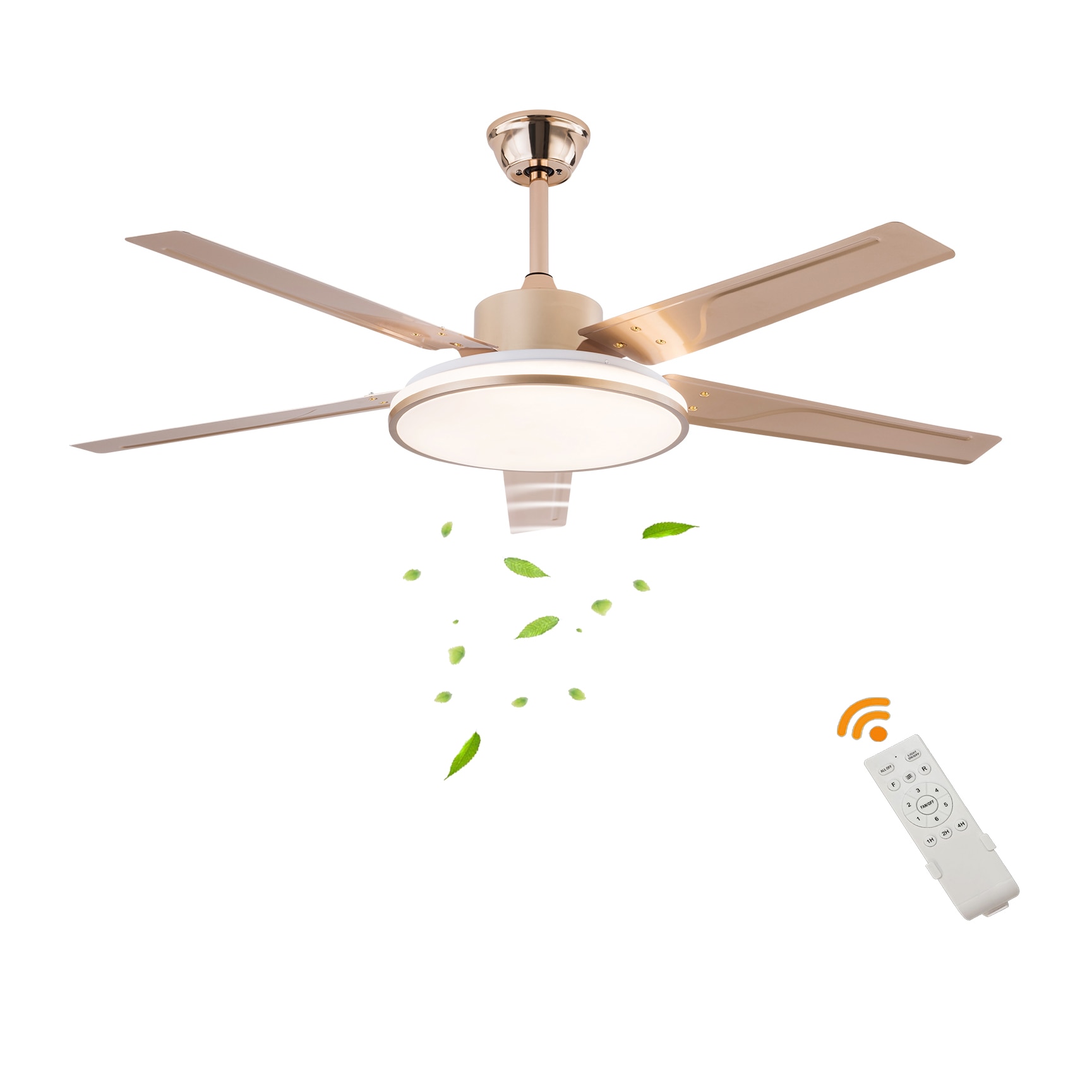 Oukaning JZUCOD-00190099 6-Speed Reverse 52-in Color-Changing Gold with Iron Blades Fandelier Ceiling Fan With Light and Remote ( 5 -Blade )