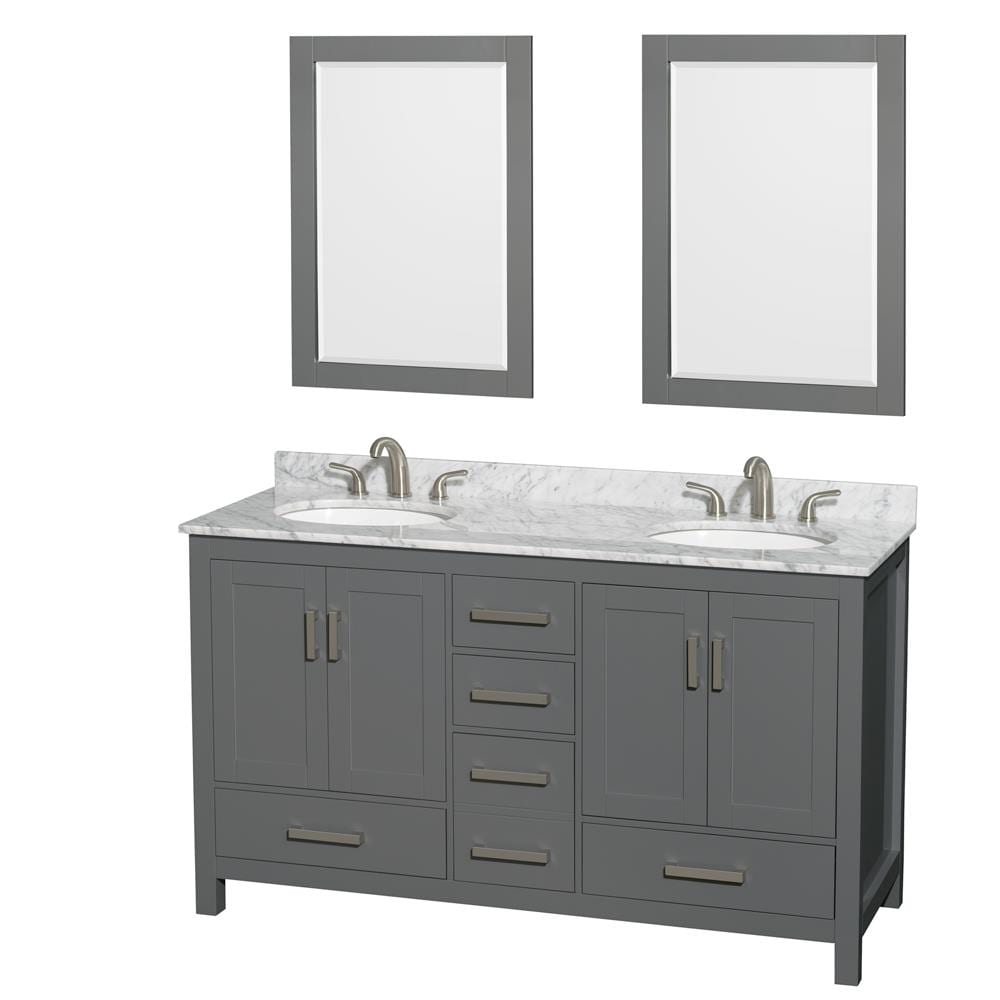 Wyndham Collection WCS141460DKGCMUNOM24 Sheffield 60-in Dark Gray with Brushed Chrome Trim Undermount Double sink Bathroom Vanity with White Carrara Marble Natural marble Top (Mirror Included)