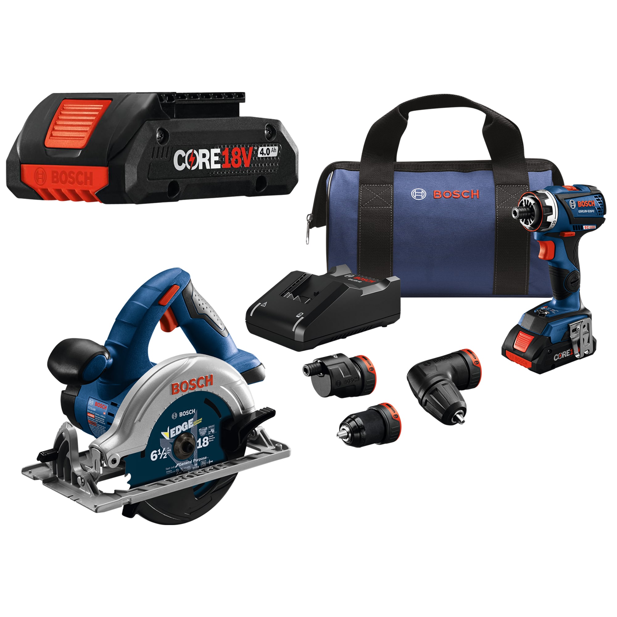 Bosch 18V Brushless 3-Tool Kit w/ Chameleon 5-in-1 Drill Driver/ Circular Saw/ 2x4.0ah Batteries with Charger and Bag