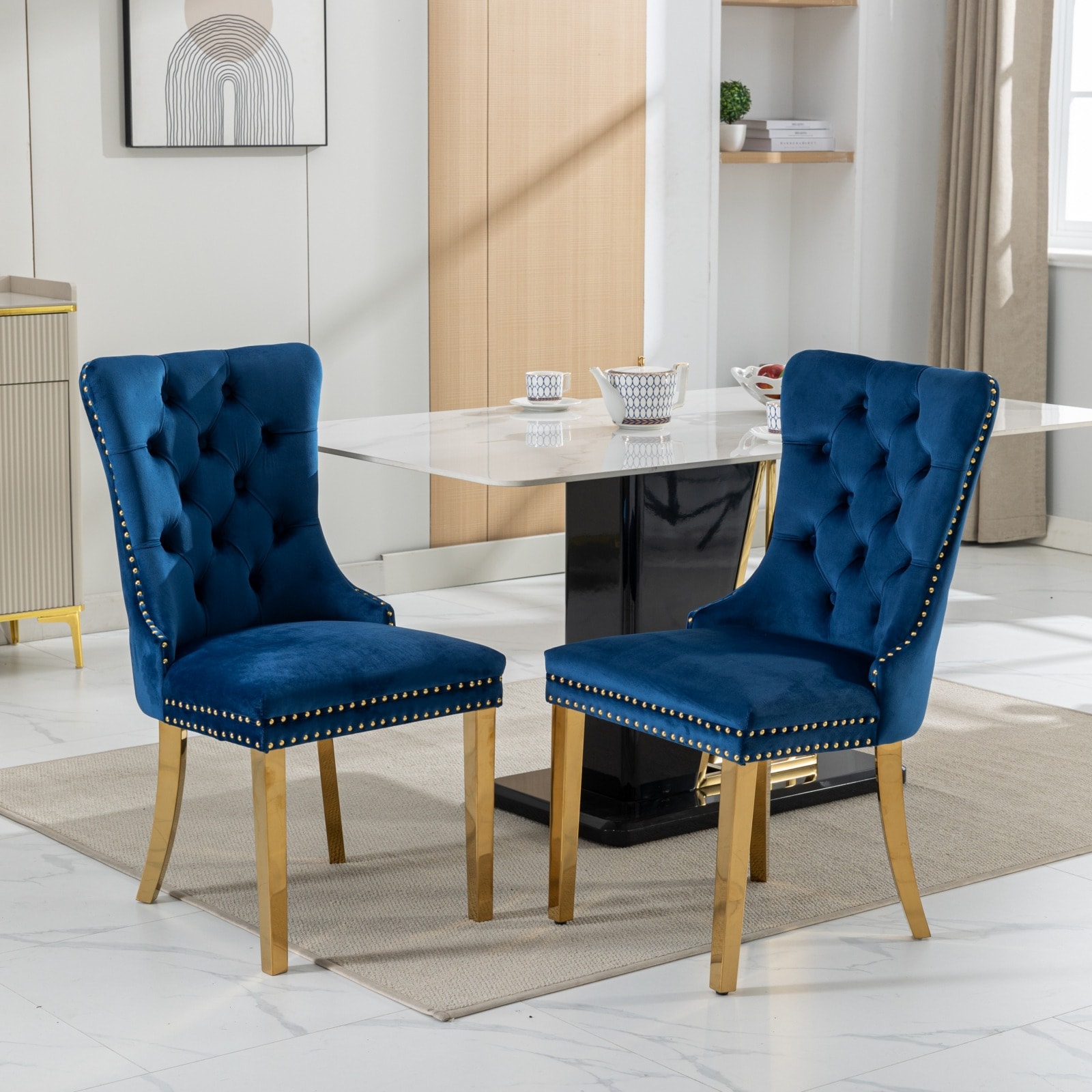 LOVMOR SF-M-W1143P151485 Furniture Nikki Collection Modern Highend Tufted Solid Wood Contemporary Velvet Upholstered Dining Chair with Golden Stainless Steel Plating Legs Nailhead Trim Set of 2 Blue and Gold SW1601BL