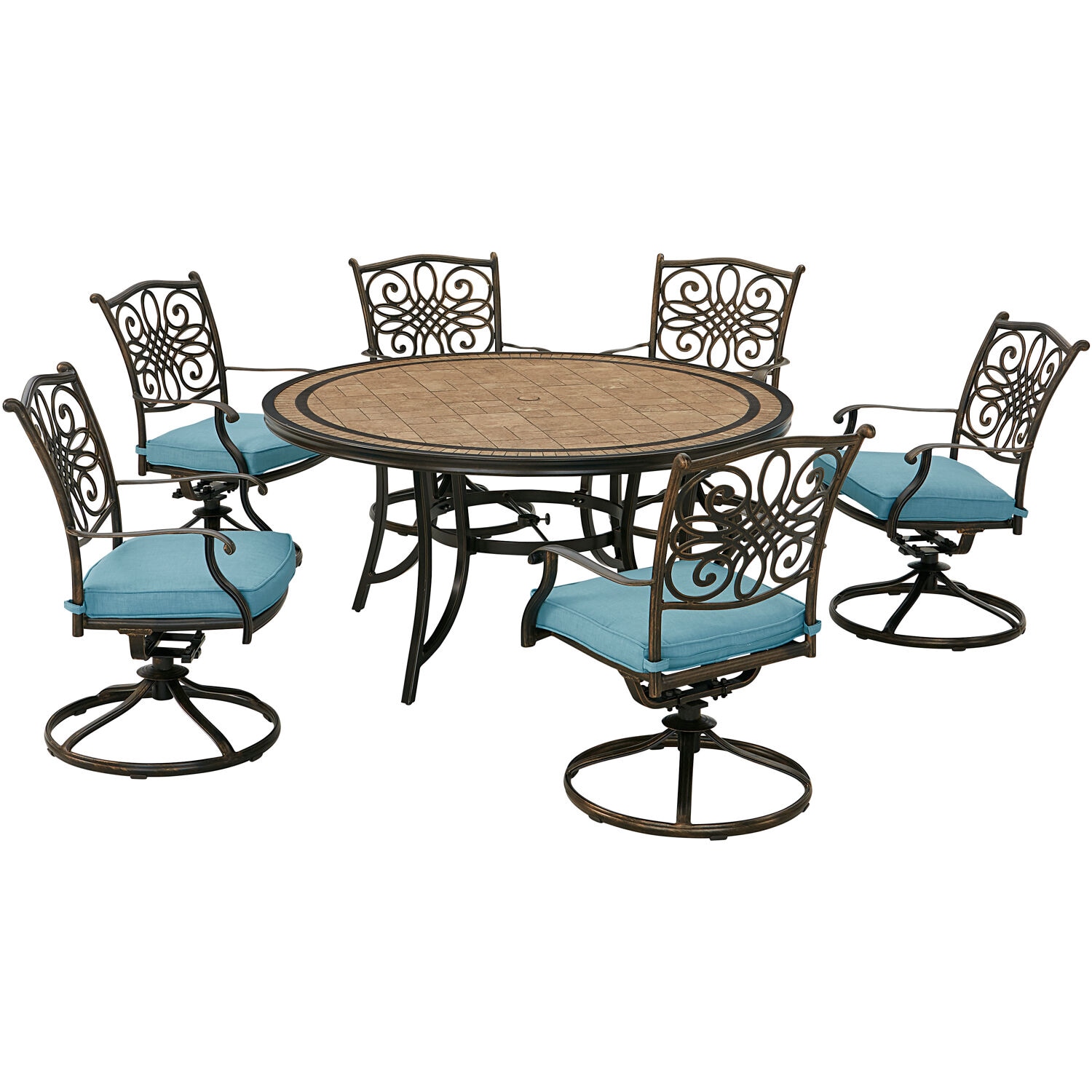 Hanover MONDN7PCSW6RDTLCBLU 7-Piece Brown Wicker Patio Dining Set Aluminum Round Table with 6 Blue Cushions Swivel Rocker Chairs