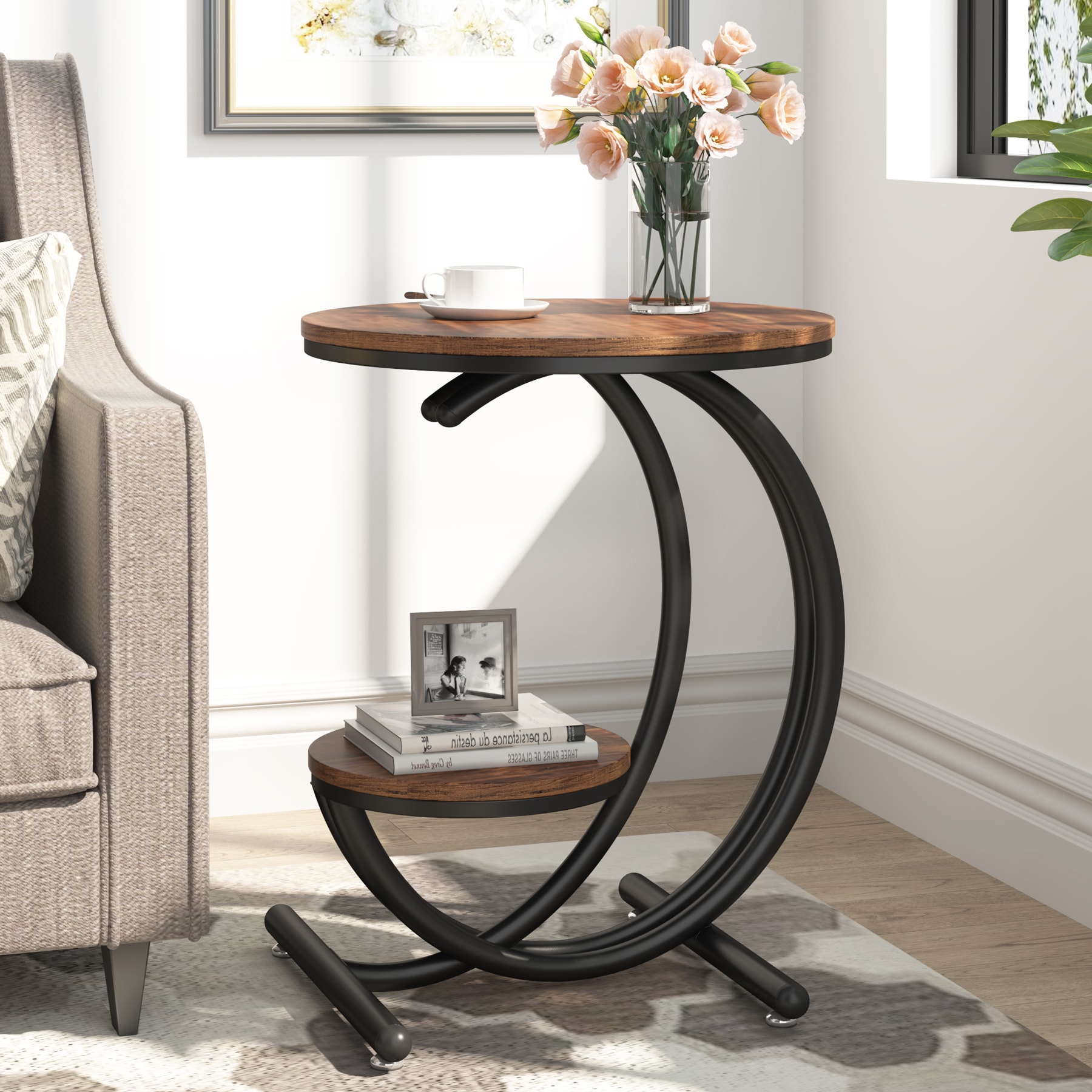 Fnova LWTJ-F1869 End table 20-in W x 24-in H Brown Wood Round Industrial End Table Assembly Required