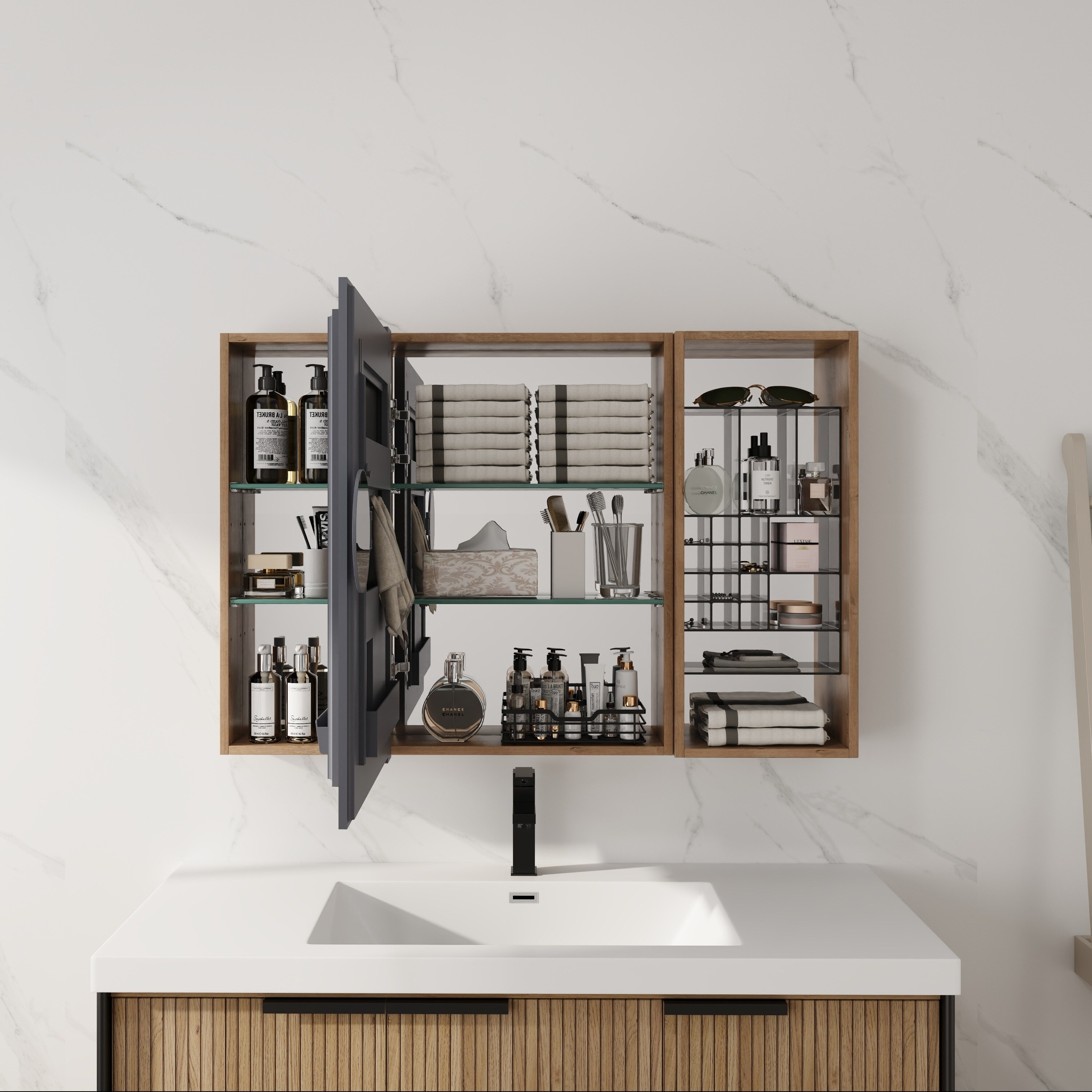 Afhocomp 41.42 in. W x 27.56 in. H Rectangular Surface Frameless Medicine Cabinet with Mirror in Imitative Oak