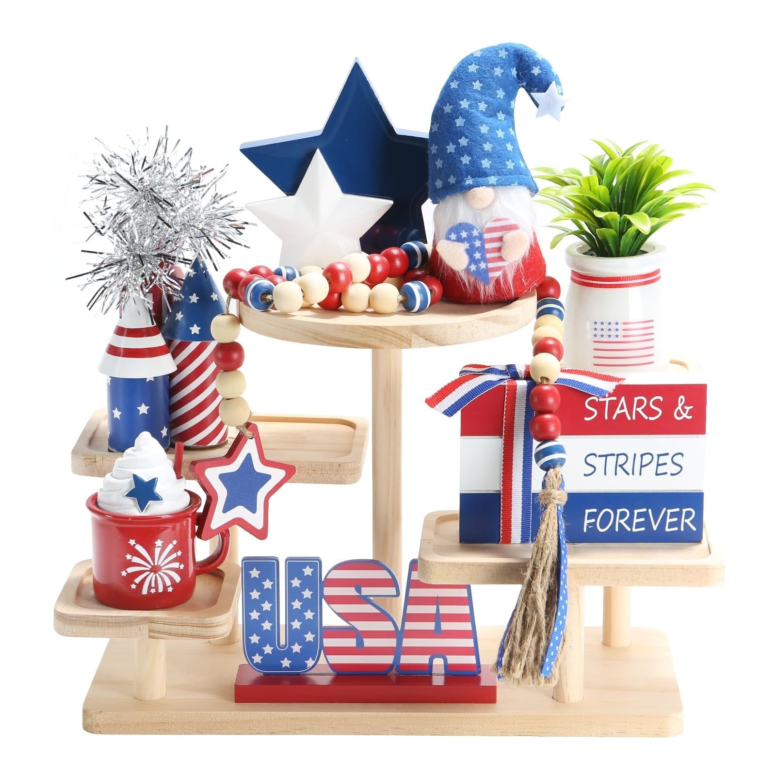 Afoxsos  8 pcs 4th of July Tiered Tray Decor Patriotic Red White Blue Wooden Decorations for Independence Day Memorial Day Table Mantel Shelf