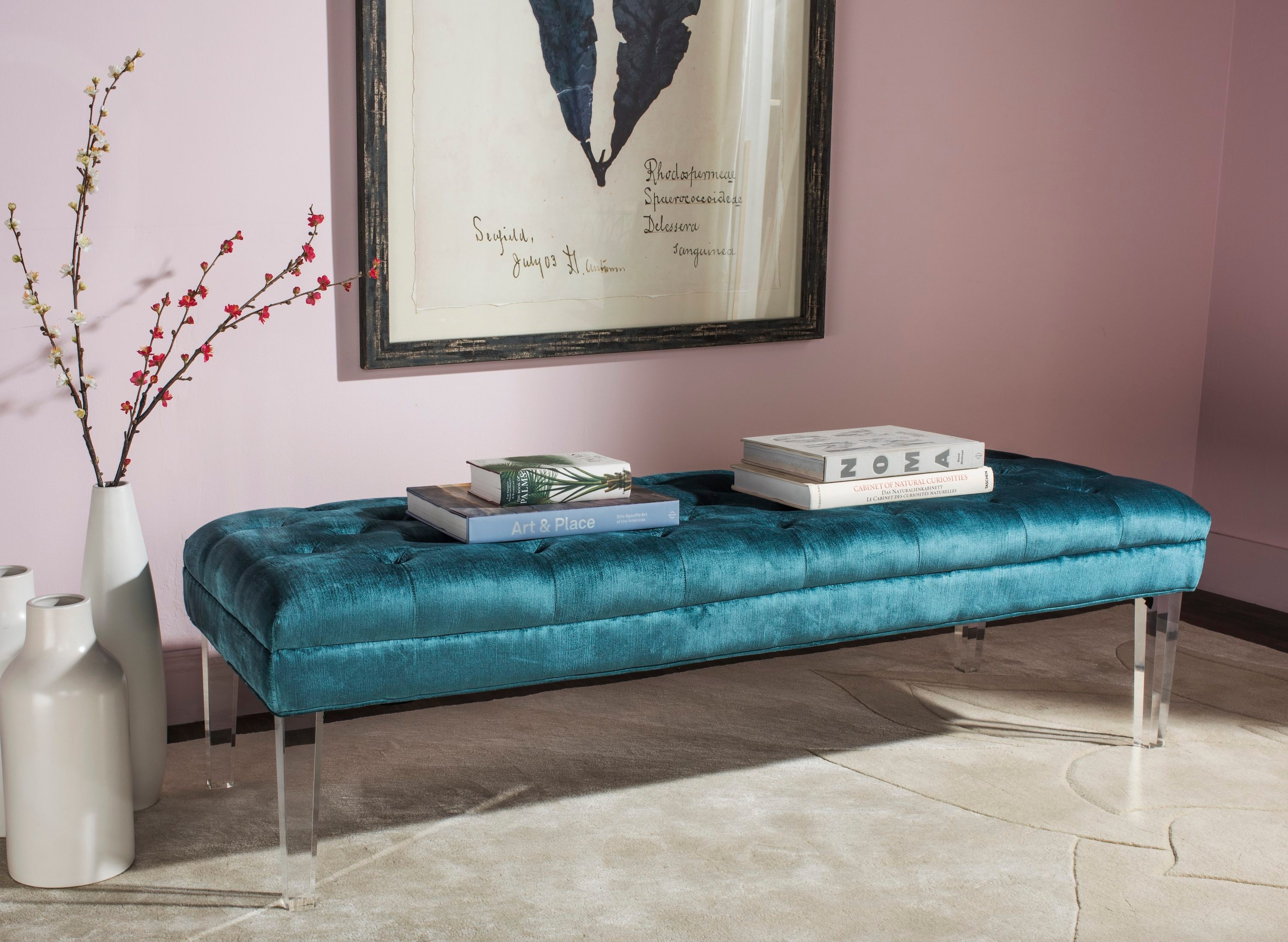 Abrosia Cyan Transitional 63'' Tufted Bedroom Bench with Acrylic Legs
