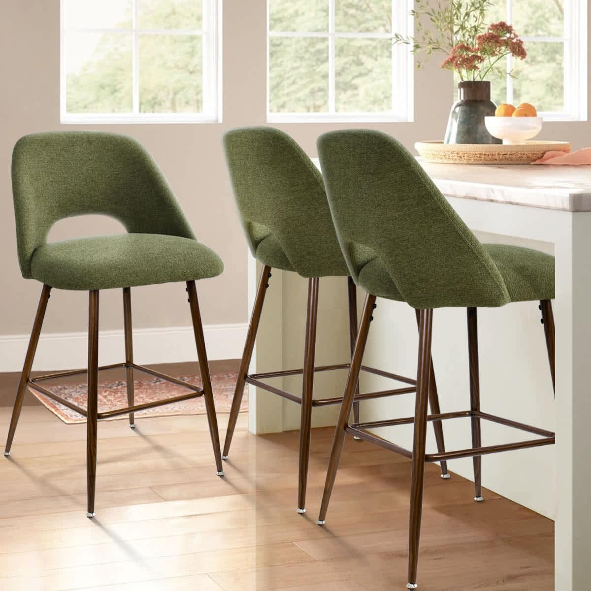 Maison Boucle EDWIN-MB-WGREEN-3PK Set of 3 Olive Green Upholstered 26-in H Counter Height Stools with Walnut Metal Legs for Kitchen