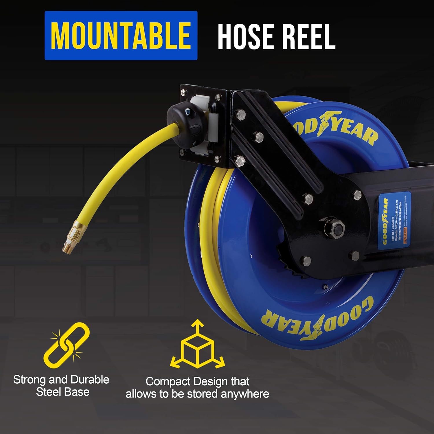 Goodyear Professional Air Hose Reel Single Arm Mount- 3/8 In X 25 Ft, 300  Psi, 1/4 In Npt Fittings in the Air Compressor Hoses department at