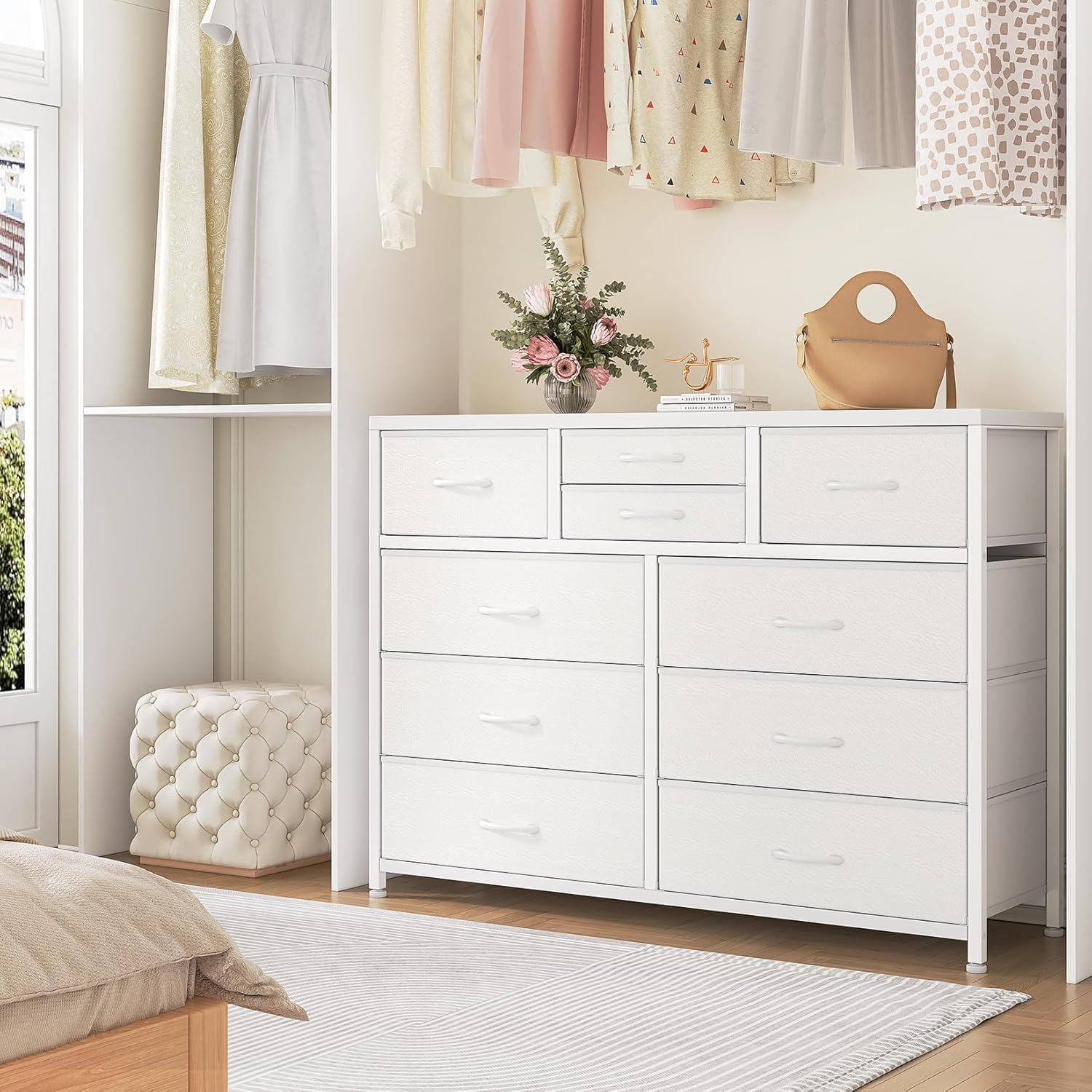 Garvee Fabric Dresser with 10 Drawers/  47Inch TV Stand Chest for Storage/  Metal Frame Organizer for Bedroom/  Living Room/  Hallway/  White All purpose TV cabinet for household media organization and decor