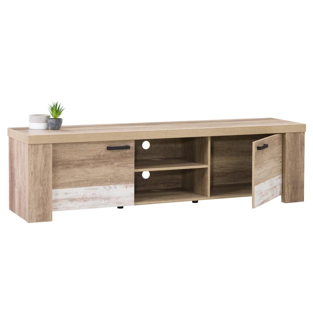 Joliet Warm Beige & White Distressed TV Stand with Cabinet for 80" TVs