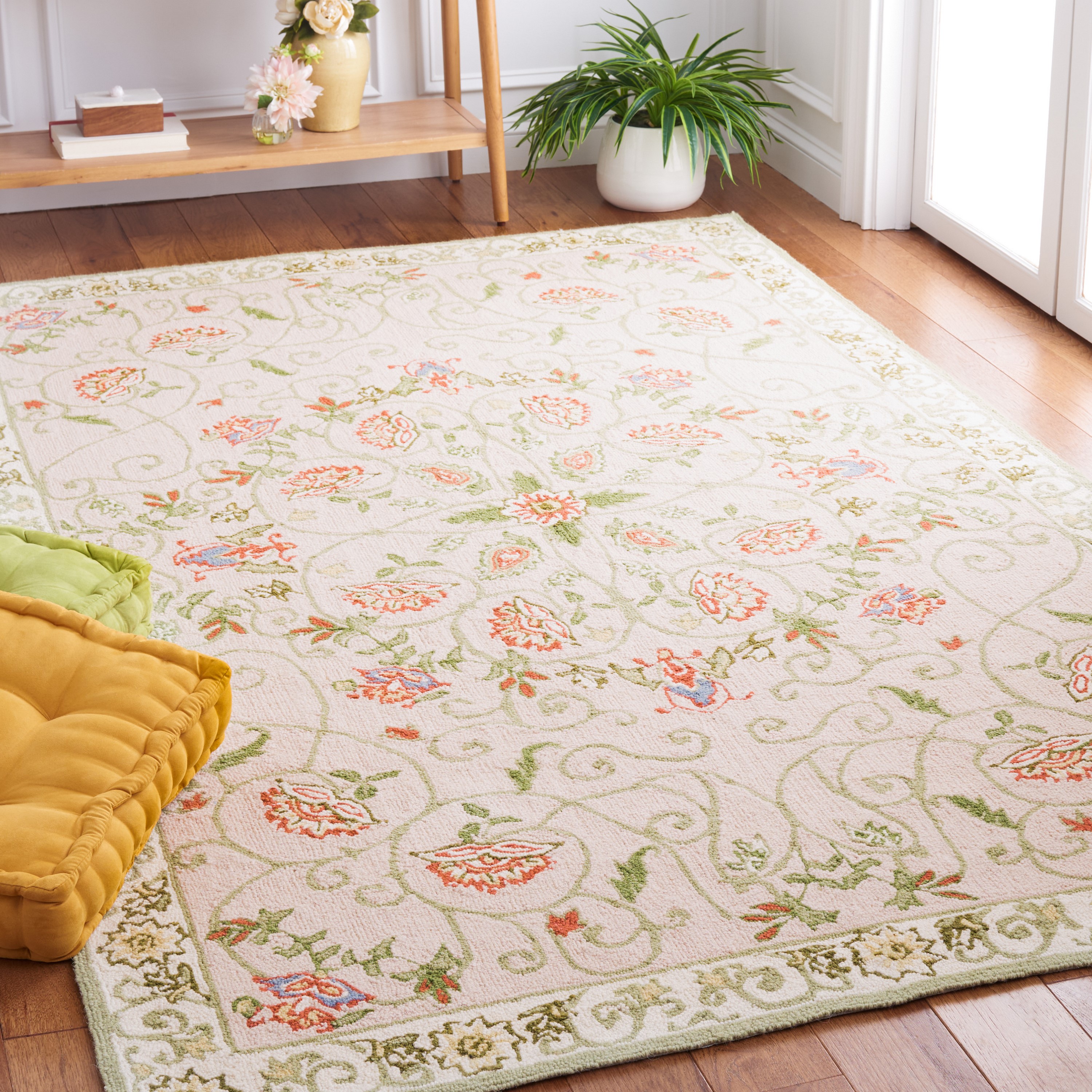 Beige and Green Floral Hand-Knotted Wool Area Rug