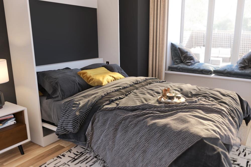 White Metal Full Murphy Bed Frame with Drawer and Slats