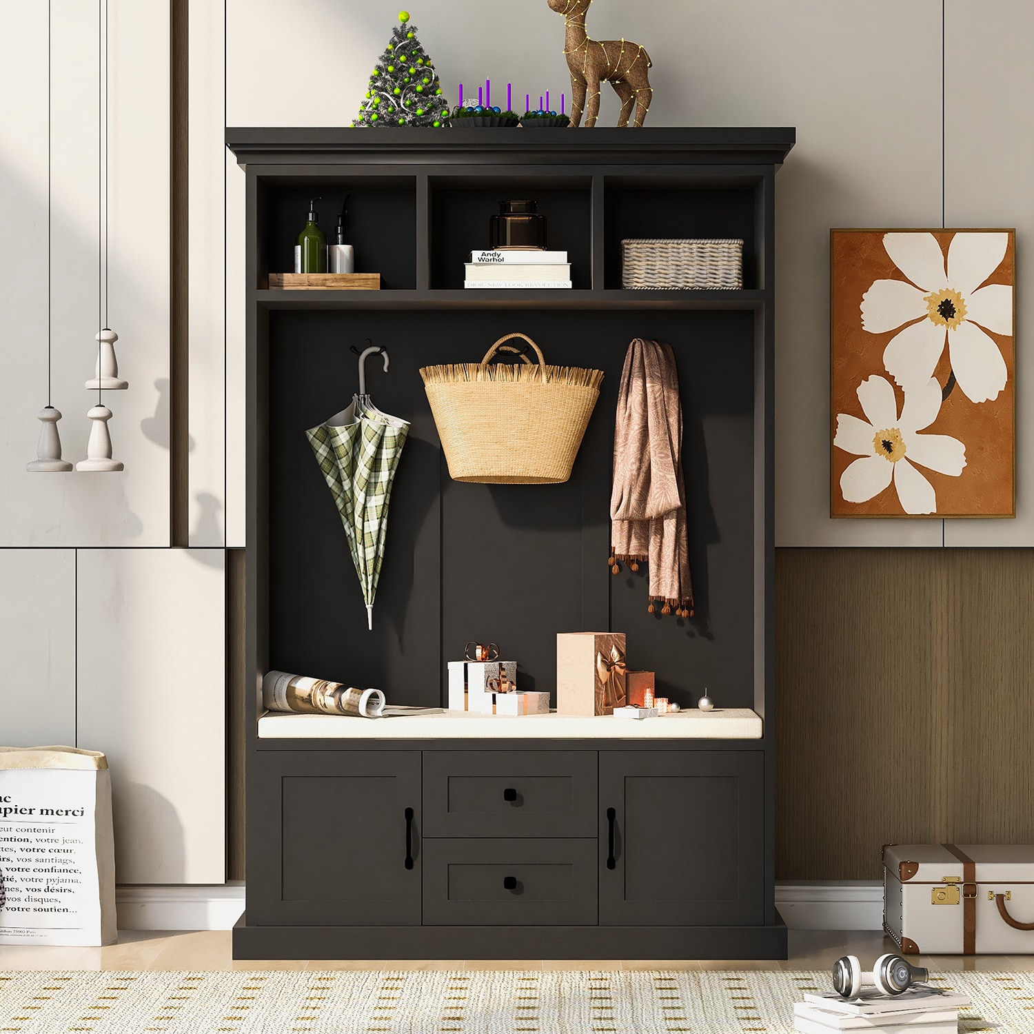 Bybafun Midcentury 47.2-in Black Wood Hall Tree
