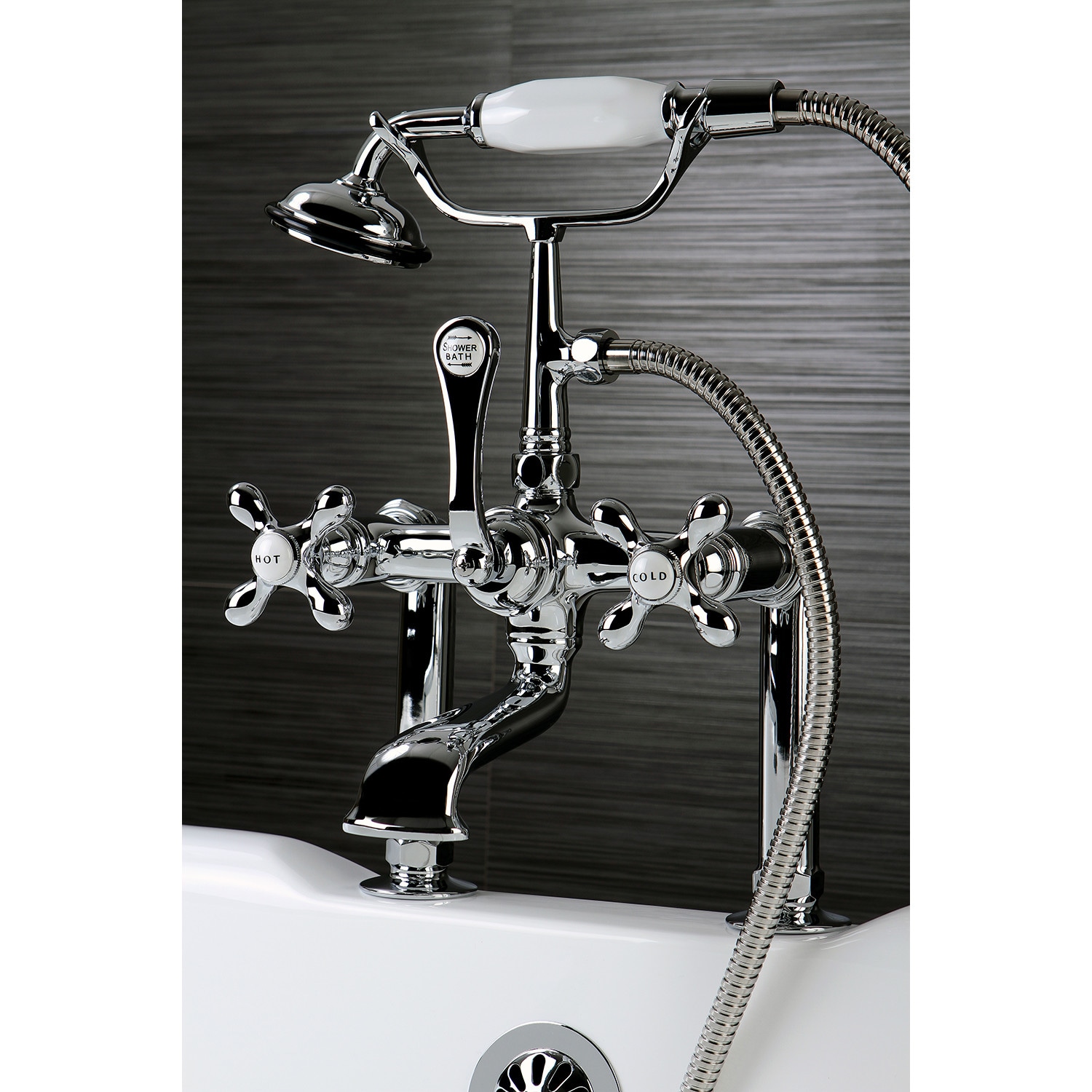 Kingston Brass Vintage Chrome 3 Handle Deck Mount Roman Low Arc Bathtub Faucet With Hand Shower 5330