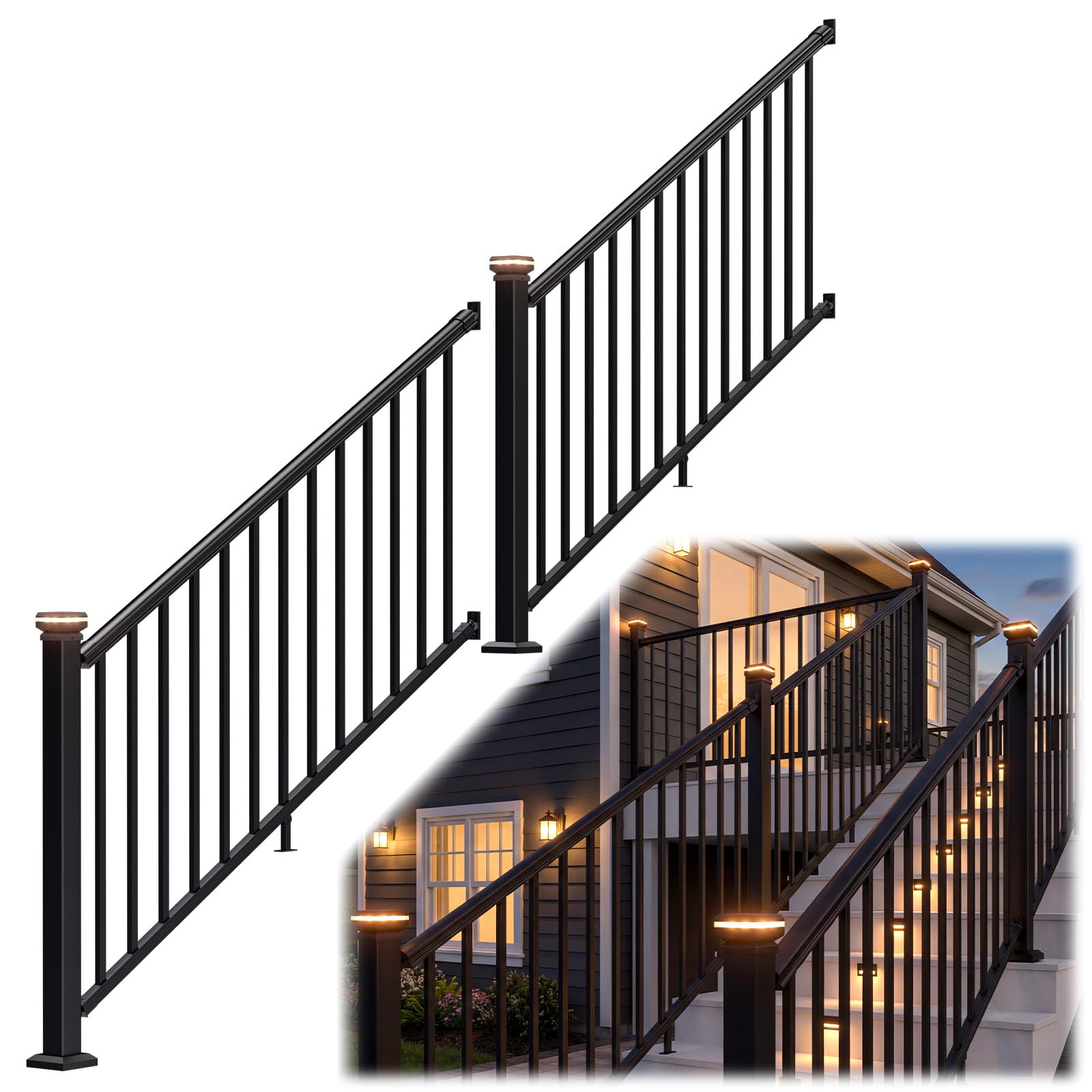 Phewnyzo  2 Pack 36 in H by 6 ft W Porch and Deck Railing Kit with Solar Post Cap Light Black Textured Powder Coat Finish Modular Aluminum Stair