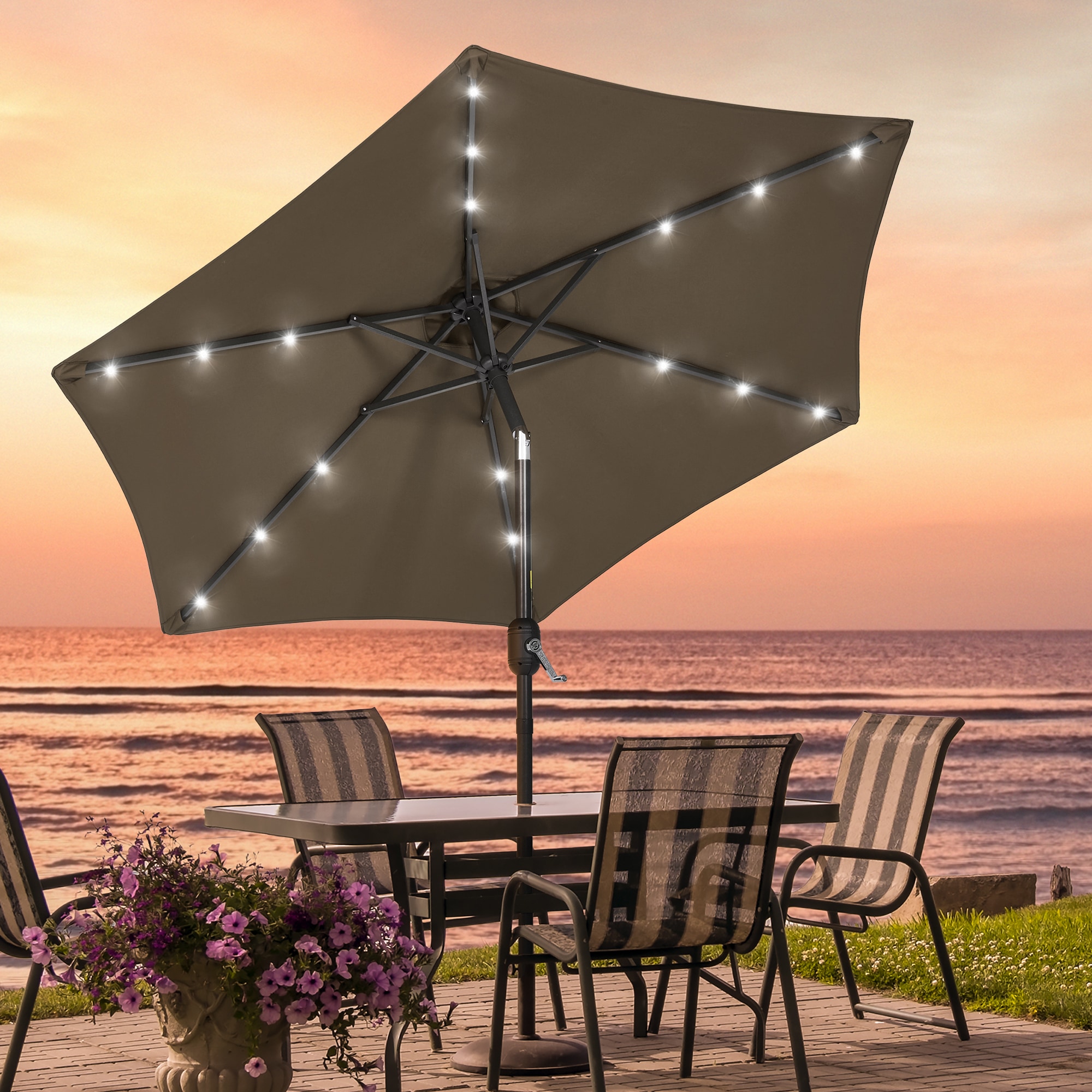 Sonkuki SD-LED90TP 7.5-Feet Steel Tan Push-button Tilt Market Patio Umbrella with Lights and