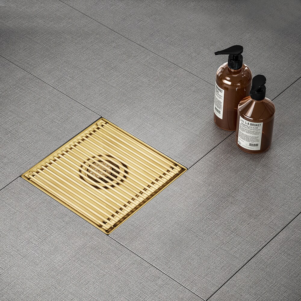 Satico Stainless Steel Square Shower Floor Drain with Square Pattern Drain Cover, Brushed Gold