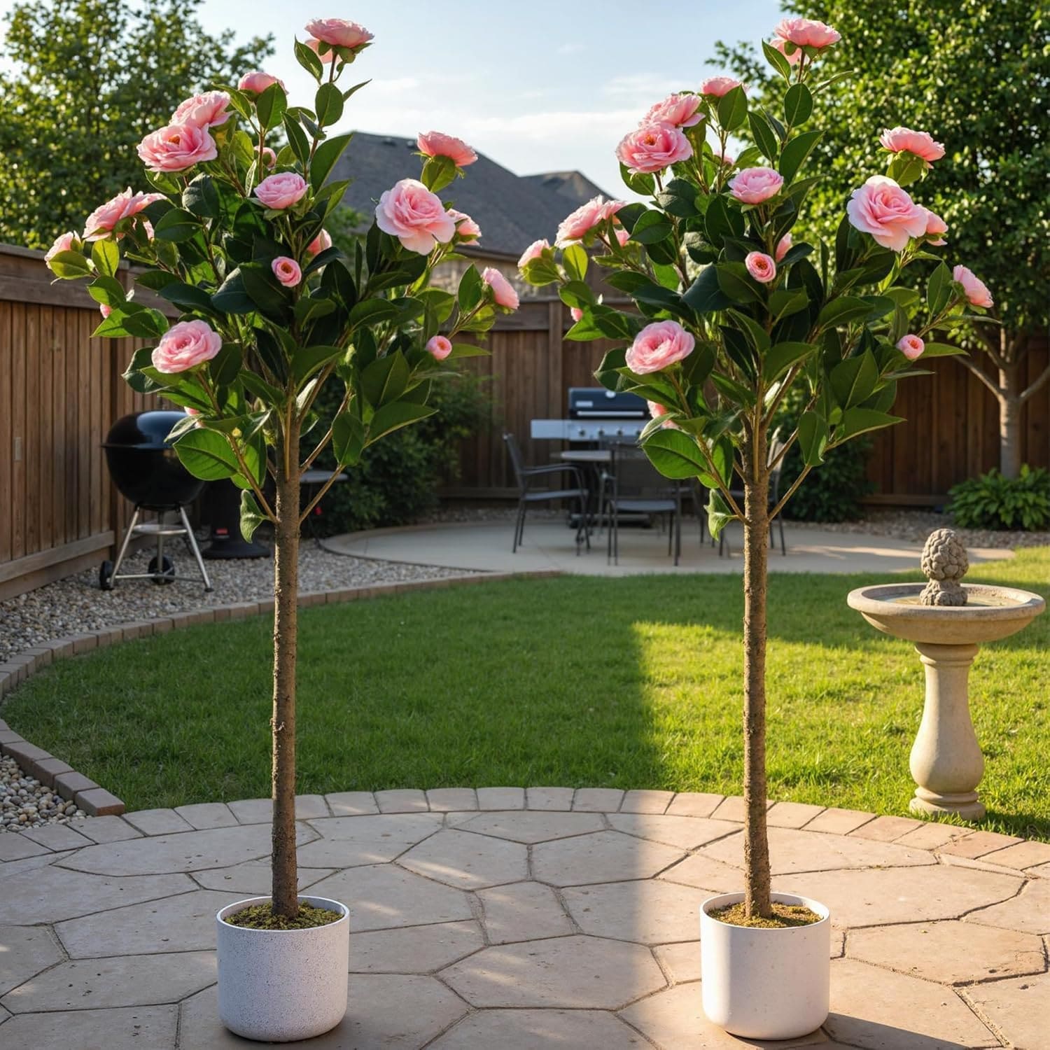 IdealHouse - Set of 2 43 Inch Artificial Camellia Trees in Sturdy White Pots - Realistic Faux Pin...
