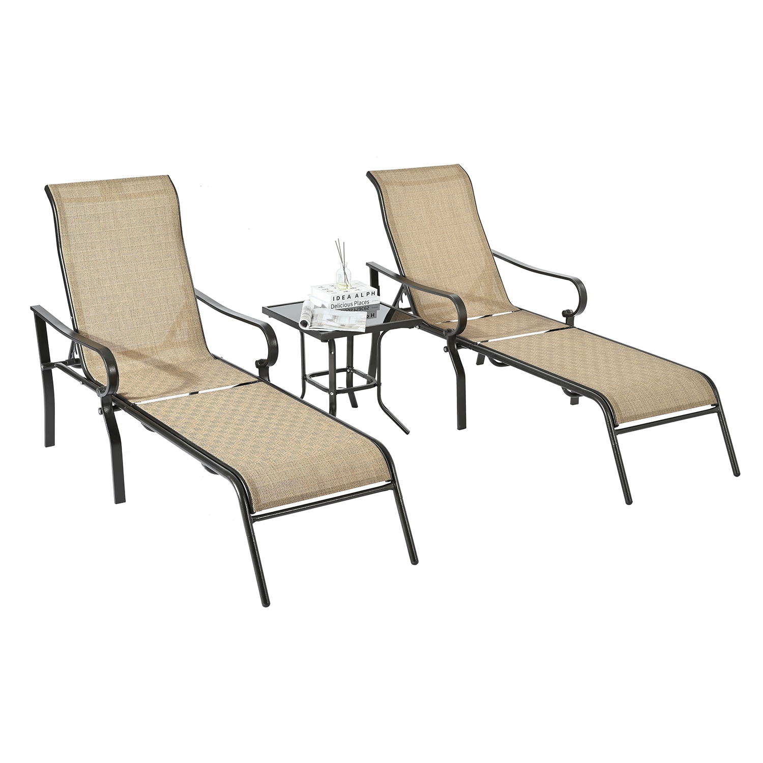 Bybafun YA7100026 Set of 2 Black Metal Frame Stationary Chaise lounge Chair with Brown Sling Seat