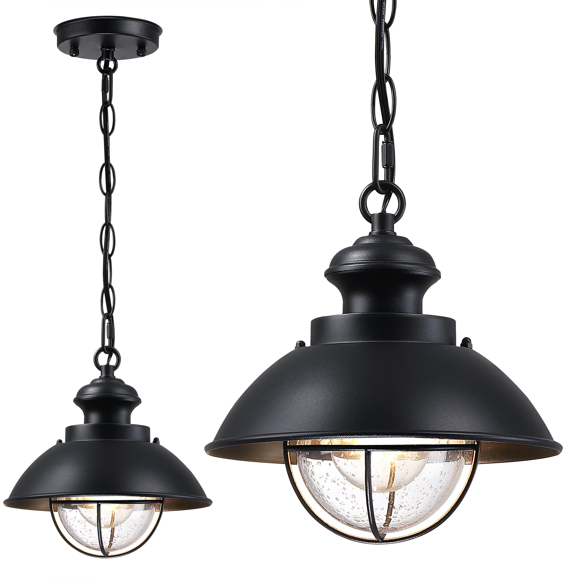 Adrinfly  Outdoor Hanging Light Farmhouse Pendant Lantern with Adjustable Chain Matte Black Exterior Chandelier with Seeded Glass for Porch Gazebo