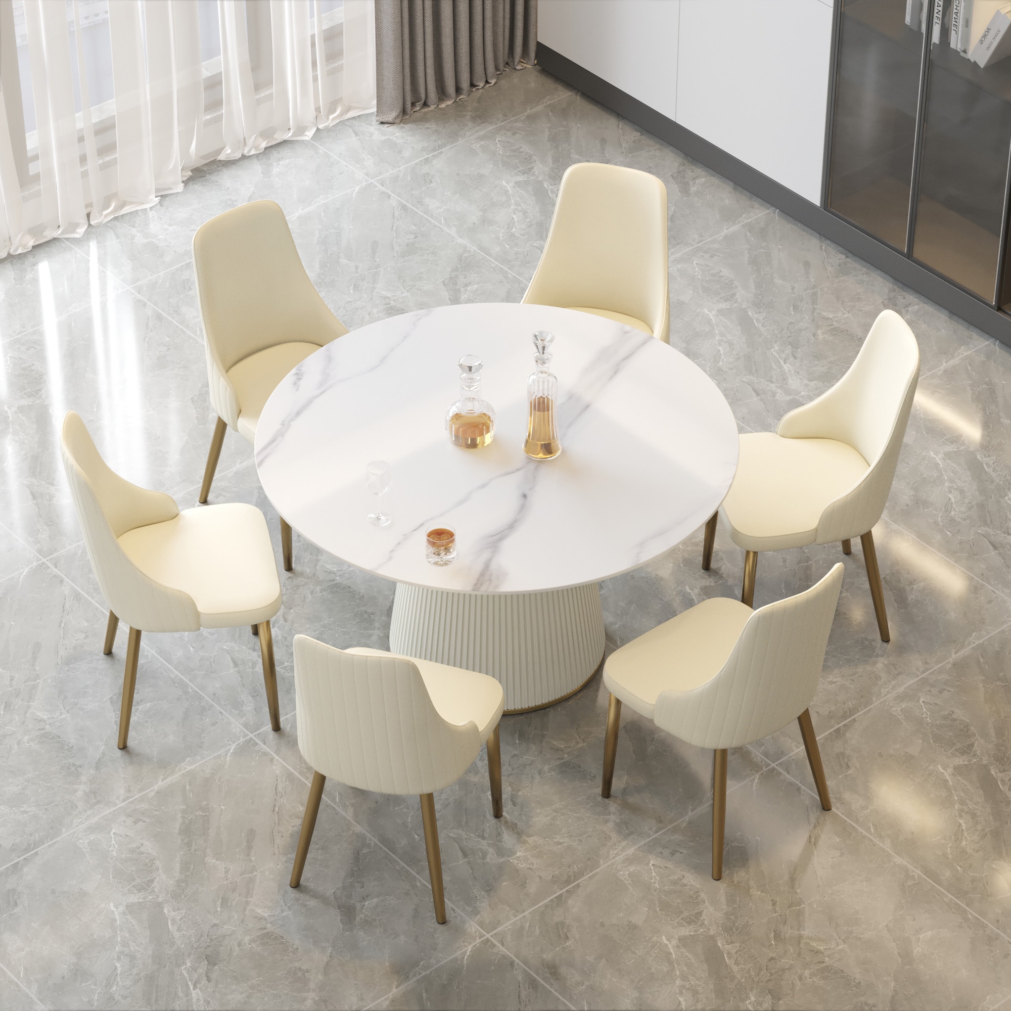 BuotiqHom DH-AT-135W-5W 53 in. White Round Contemporary/Modern Dining Table, Ceramic with Primed Metal Pedestal Base 53-in L x 29.5-in H