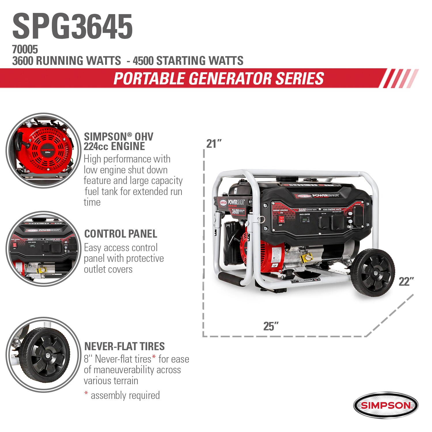 SIMPSON Cleaning SPG3645  Portable Gas Generator 3600 Running Watts 4500 Starting watts 