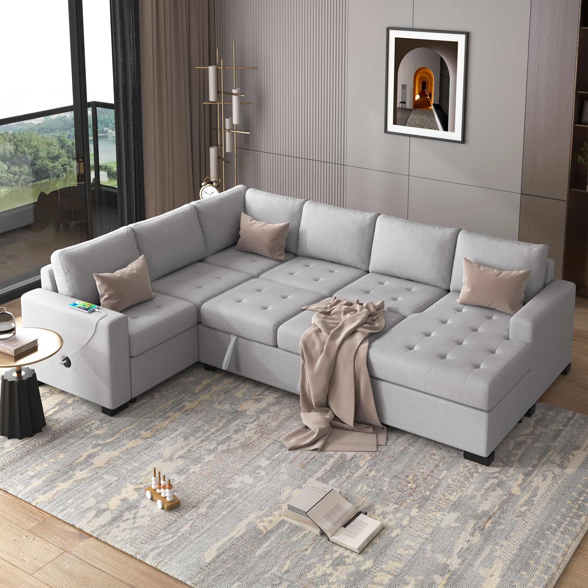 ModernLuxe WY000382AAE Sectional Sleeper Sofa with Pullout Bed and Lounge Chair USB and TypeC Interfaces Suitable for Living Room Office and Spacious Spaces