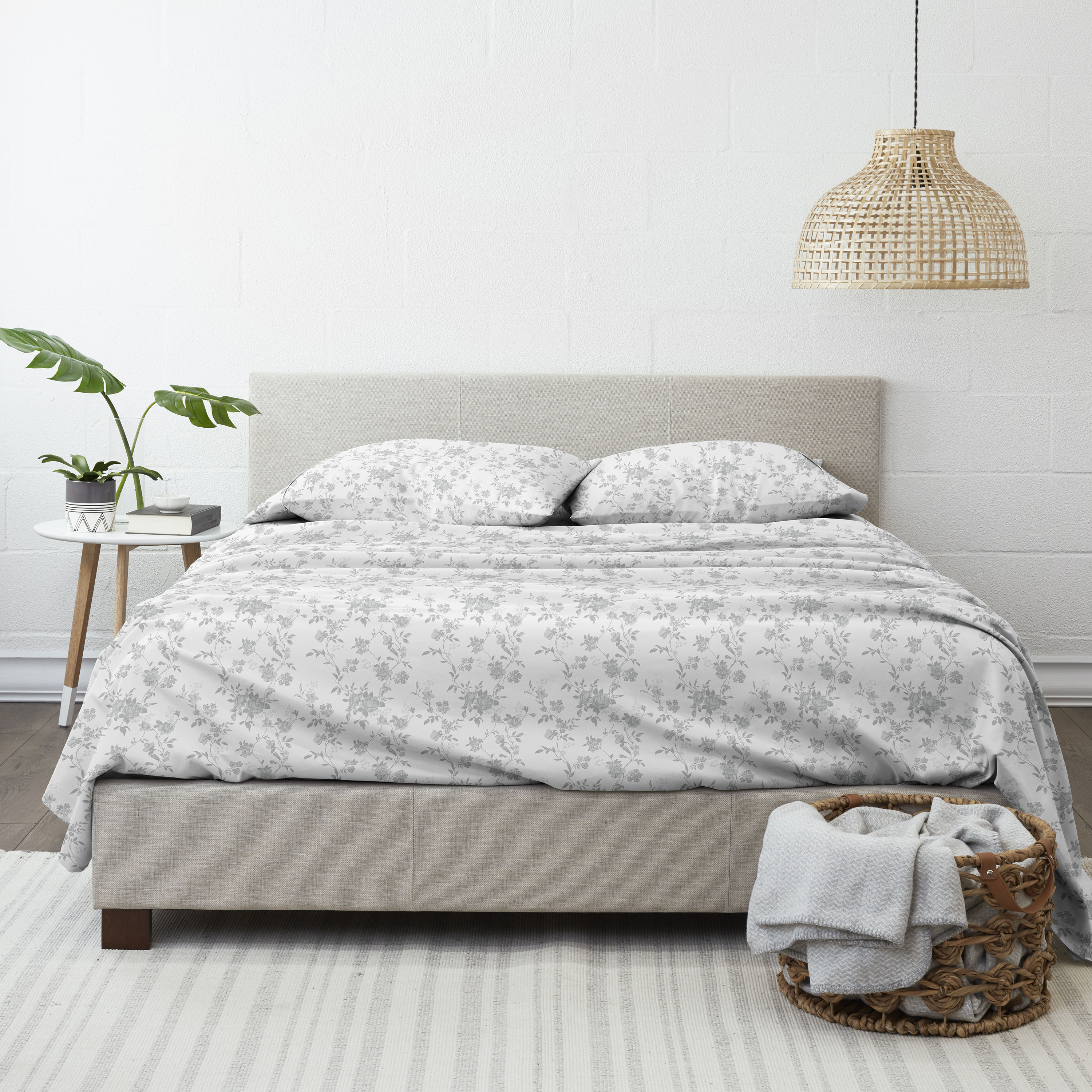 Gray Floral Cotton Flannel Queen Deep Pocket Sheet Set