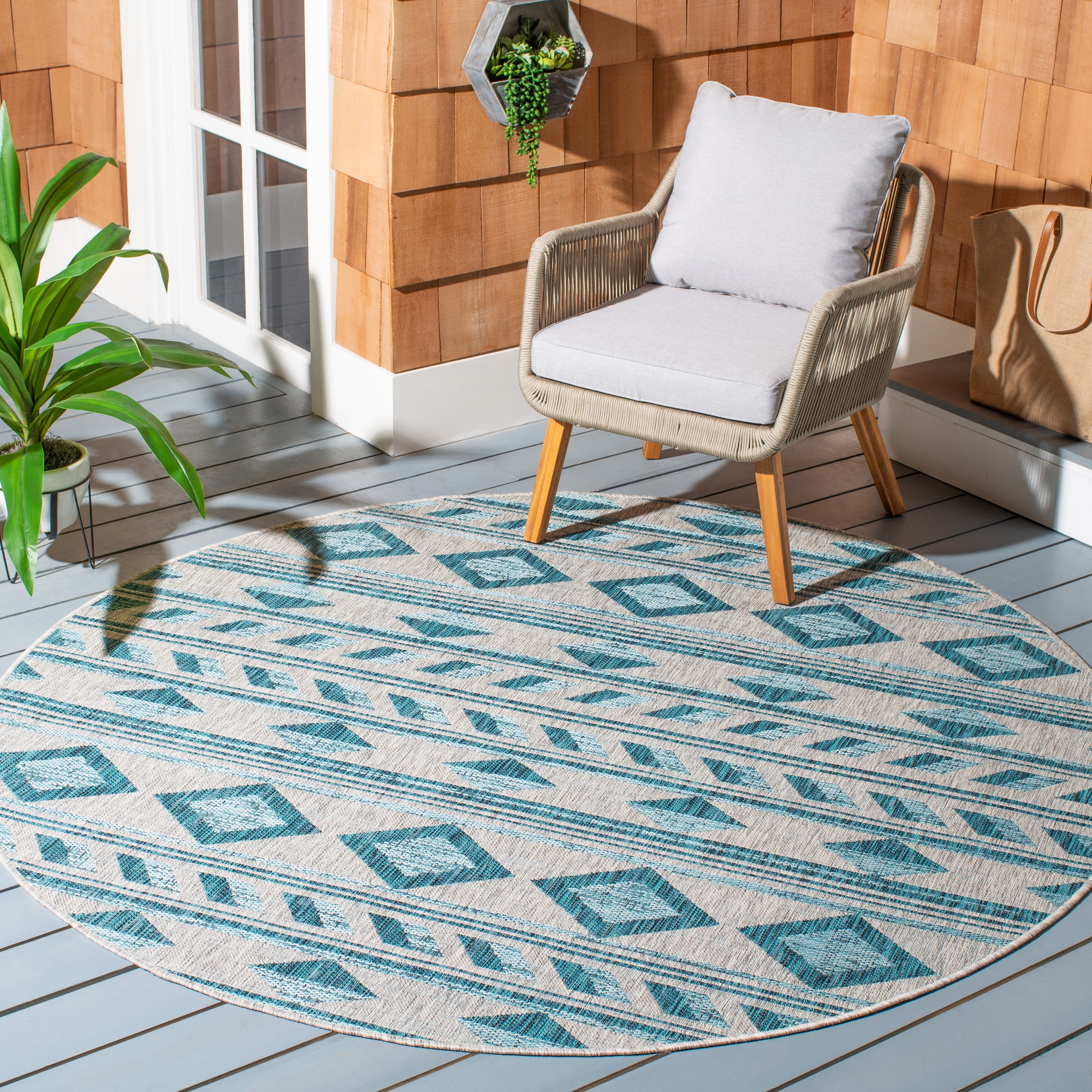 Safavieh CY8529-37212-7R Courtyard Arbus 7 x 7 (ft) Loomed Polypropylene Gray/Teal Round Indoor/Outdoor Geometric Coastal Area rug