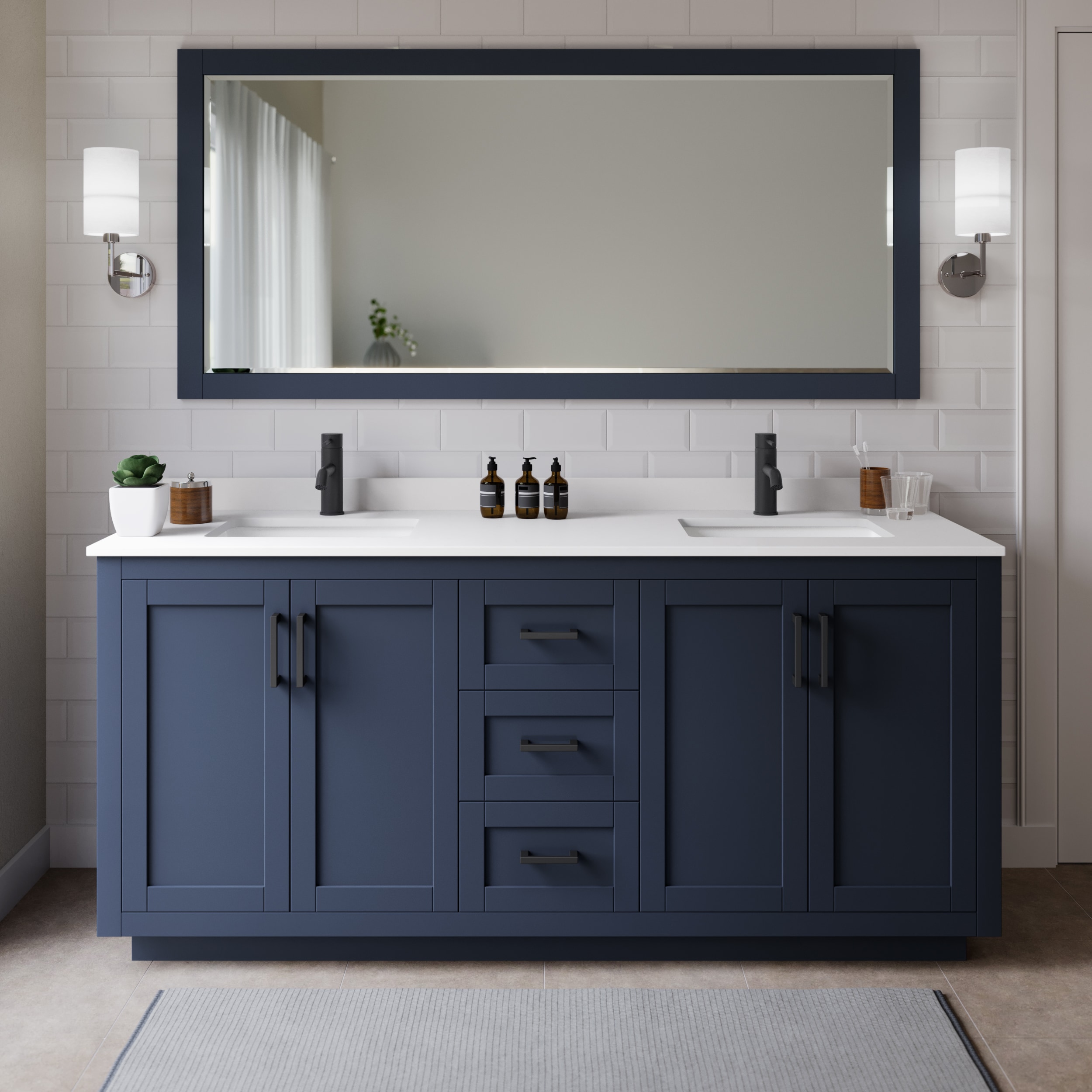 Wyndham Collection WCF292972DBBWCUNSMXX Miranda 72-in Dark Blue with Matte Black Trim Undermount Double sink Bathroom Vanity with White Cultured Marble Cultured marble Top