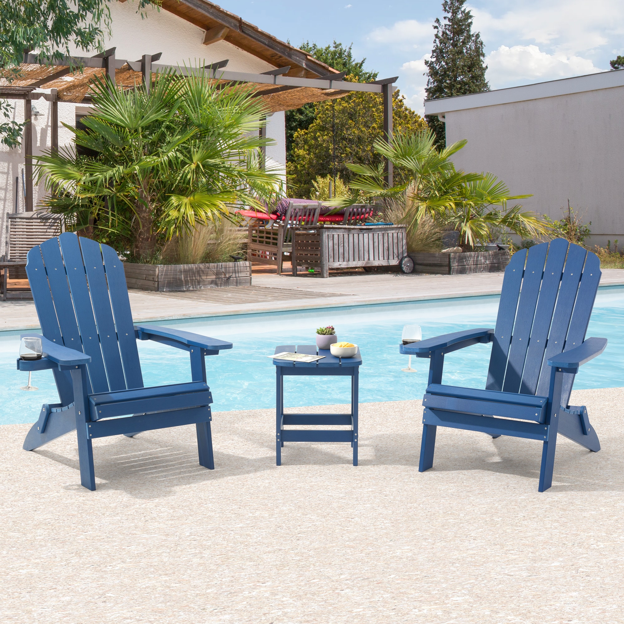 Sonkuki SD-AD361NY-2 Folding Adirondack Chair Set of 2 Navy Blue Plastic Frame Stationary Adirondack Chair with Navy Slat Seat