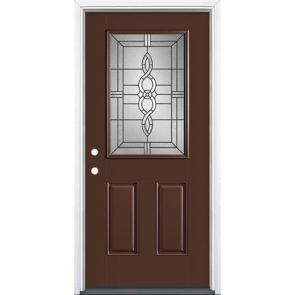 Masonite 997607 Calista 36-in x 80-in Fiberglass Half Lite Right-Hand Inswing Chocolate Painted Single Front Door with Brickmould Insulating Core