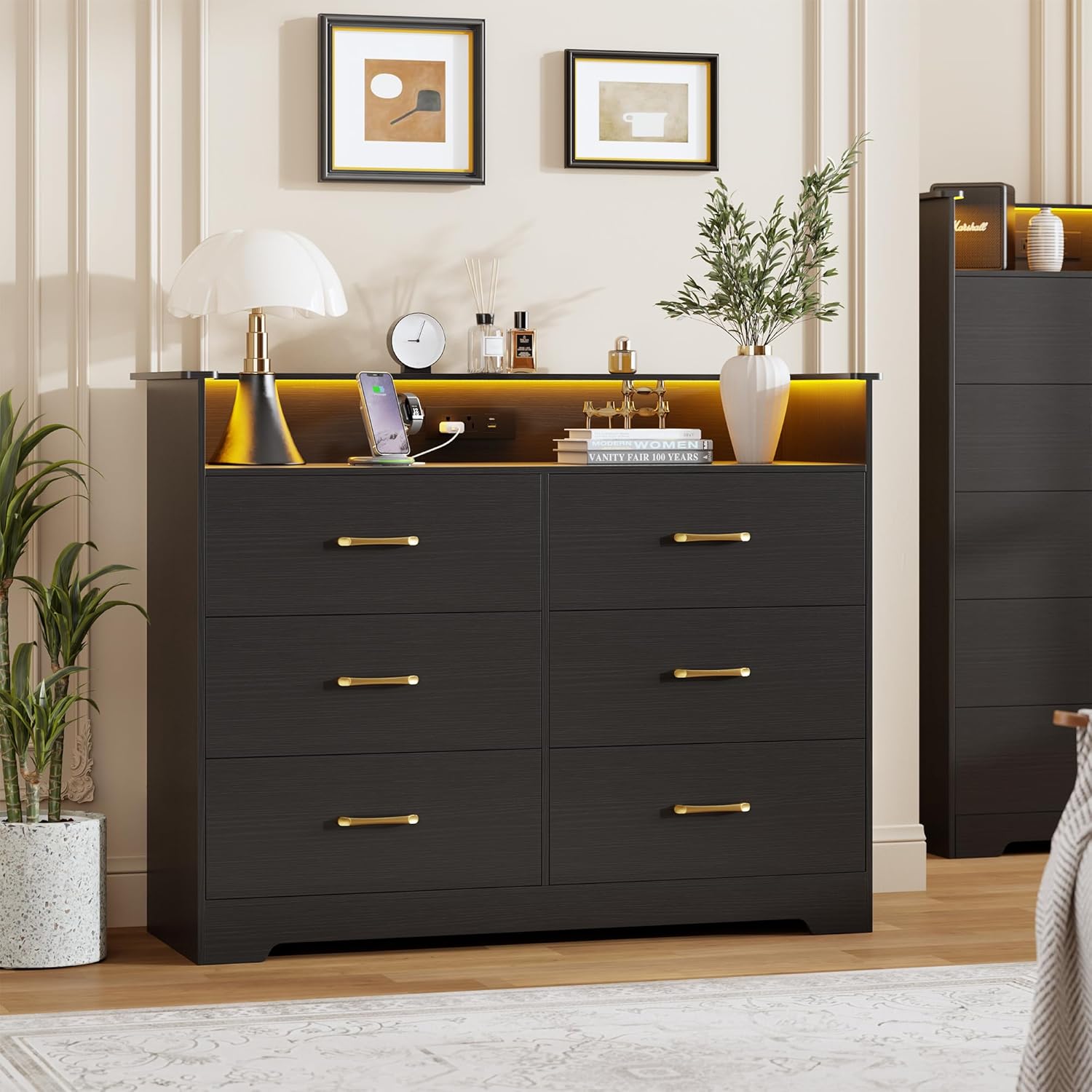black 6-drawer dresser under $100 GarveeLife 6 Drawer for Bedroom Wide Double Chest of Drawers with LED Light and Charging Station Modern Large TV Stand Cabinet Organizer with Color:M-Brown