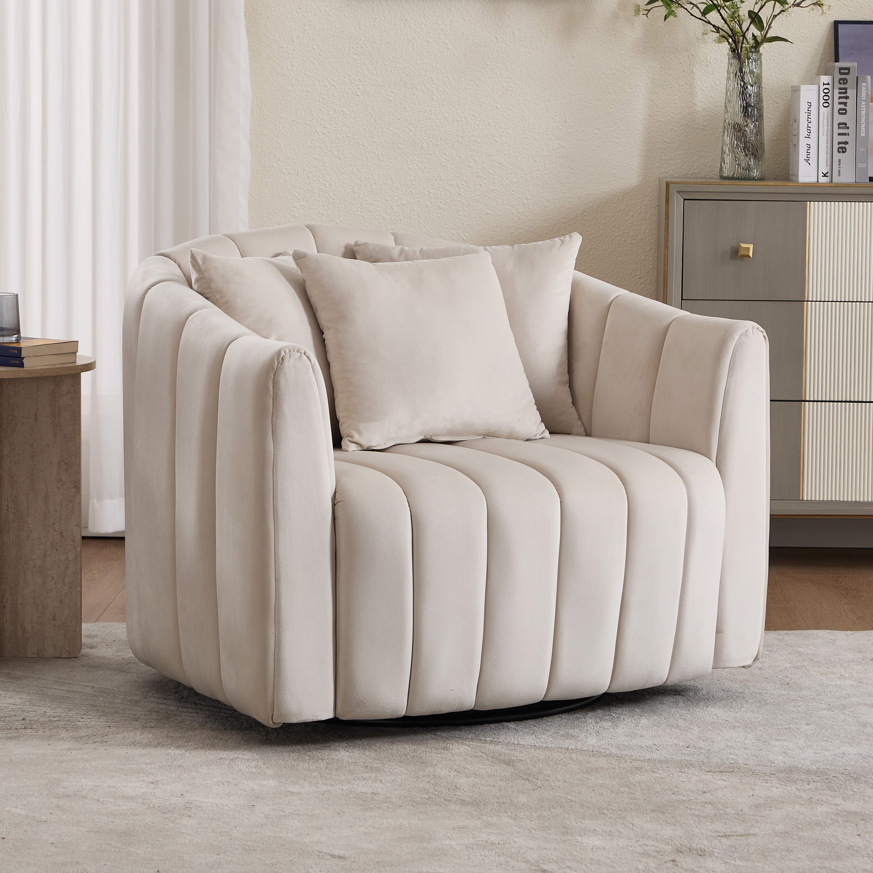 Hrinhom HC-S1200-BEIGE 40.35-in W Modern BEIGE Velvet Swivel Barrel Armchair