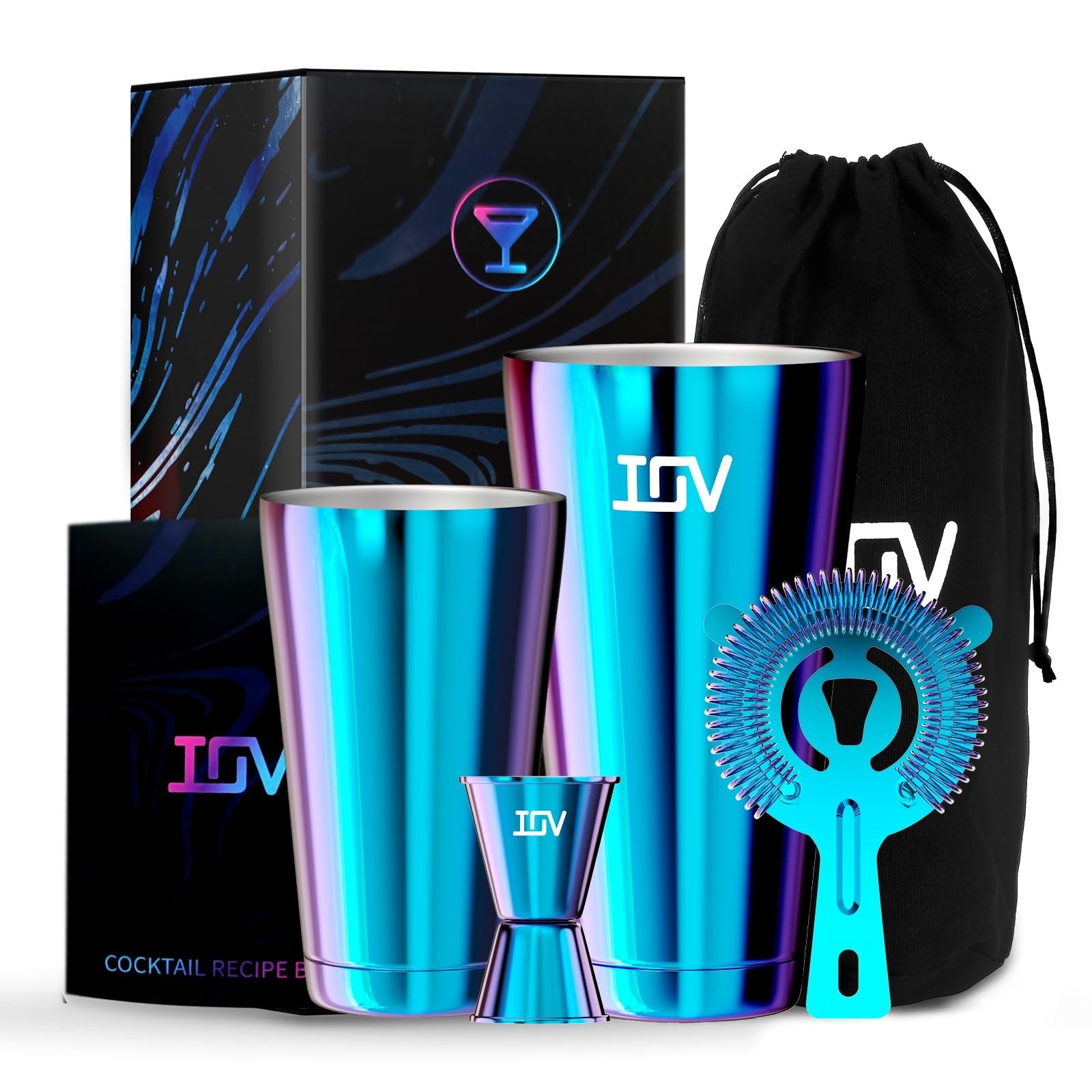 Aoibox  Rainbow Boston Cocktail Shaker Set with 18 oz and 28 oz Tins Jigger Strainer and Recipe Booklet