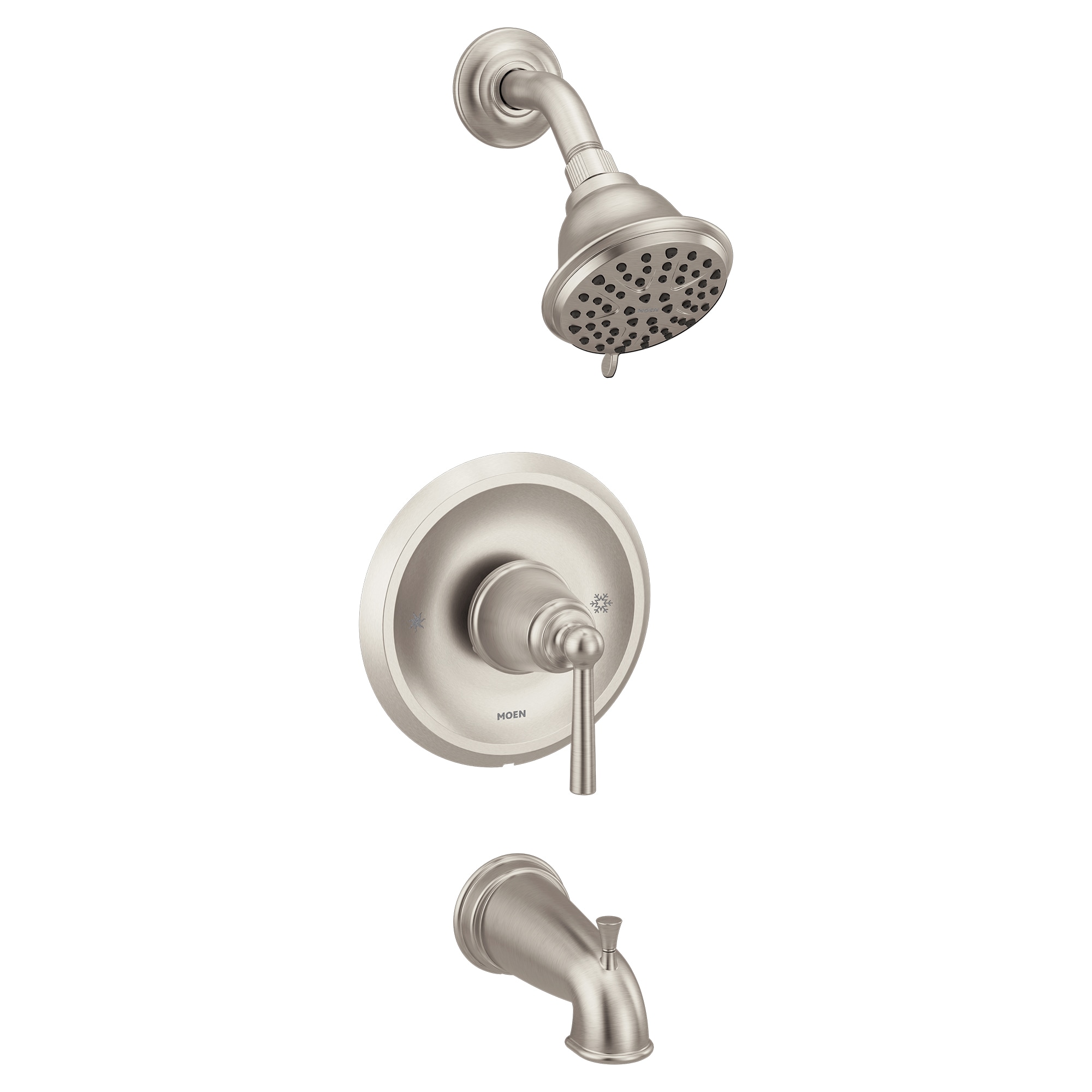 Moen 82347SRN Caldwell Spot Resist Brushed Nickel 1-handle Multi-function 3.88-in Round Bathtub and shower Faucet with Valve
