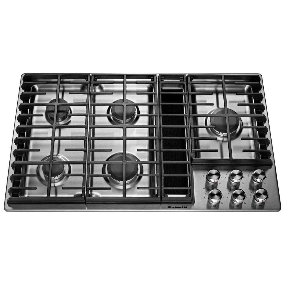 KitchenAid KCGD506GSS 36-in 5 Burners Stainless Steel Gas Cooktop with Downdraft Exhaust