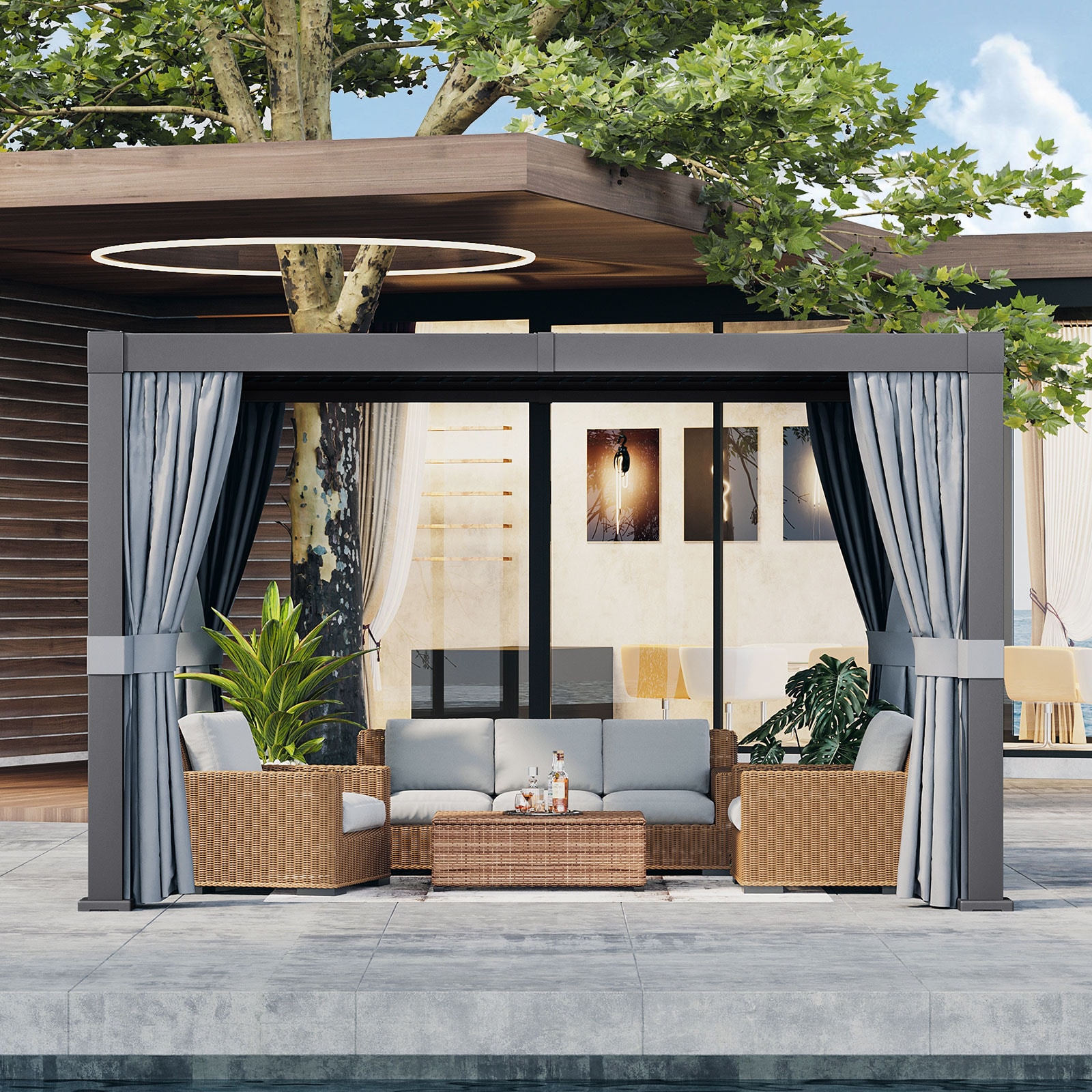 AOXUN AW301GR02ABCDE Pergola 10-ft W x 12-ft L x 7-ft 3-in H Gray Metal Freestanding Pergola with Canopy