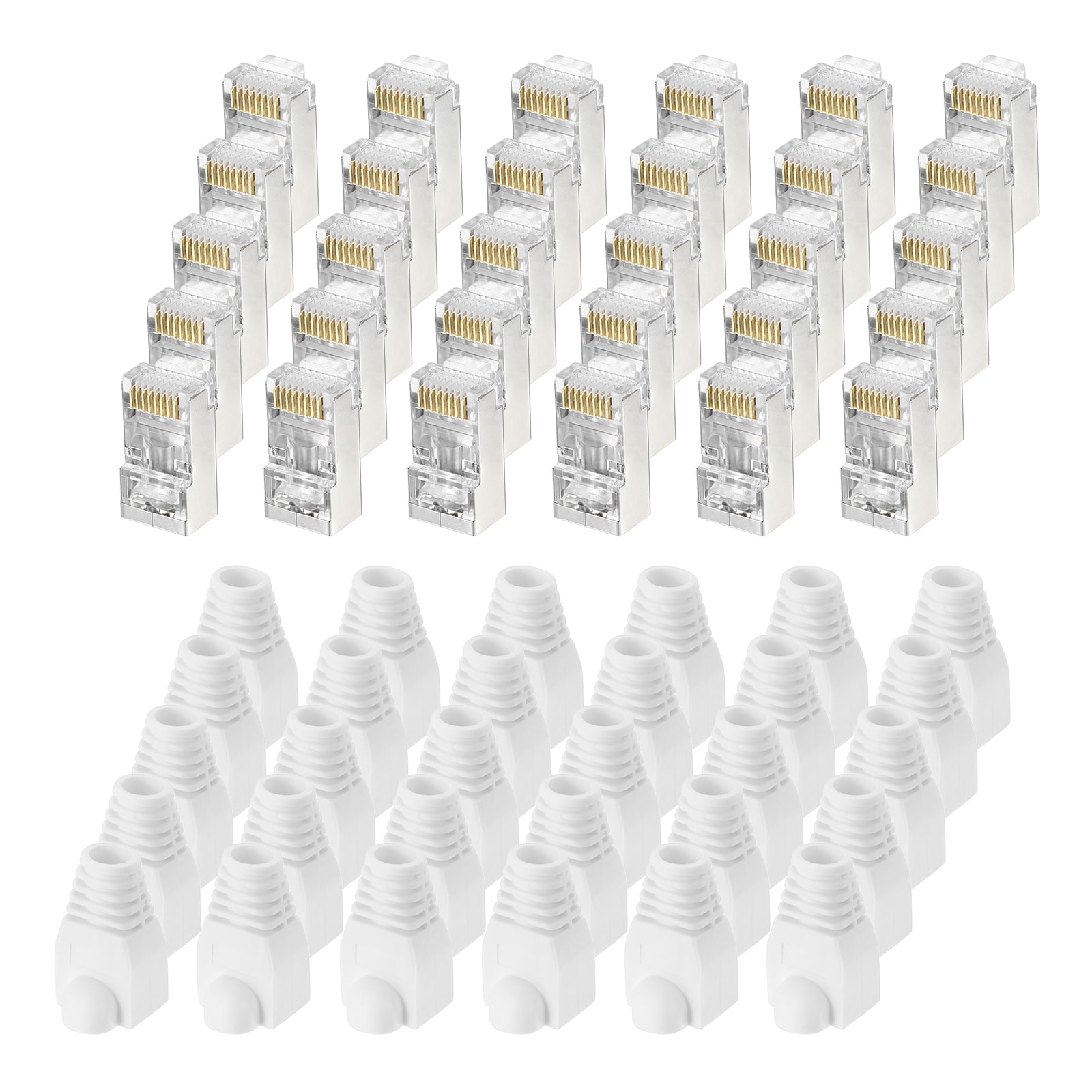 Unique Bargains 50pcs CAT6 RJ45 Pass Through Connectors RJ45 STP/FTP 8P8C Gold Plated Plugs with 50pcs White Strain Relief Boots for 24-26AWG Ethernet Cable #S26080700UX4133