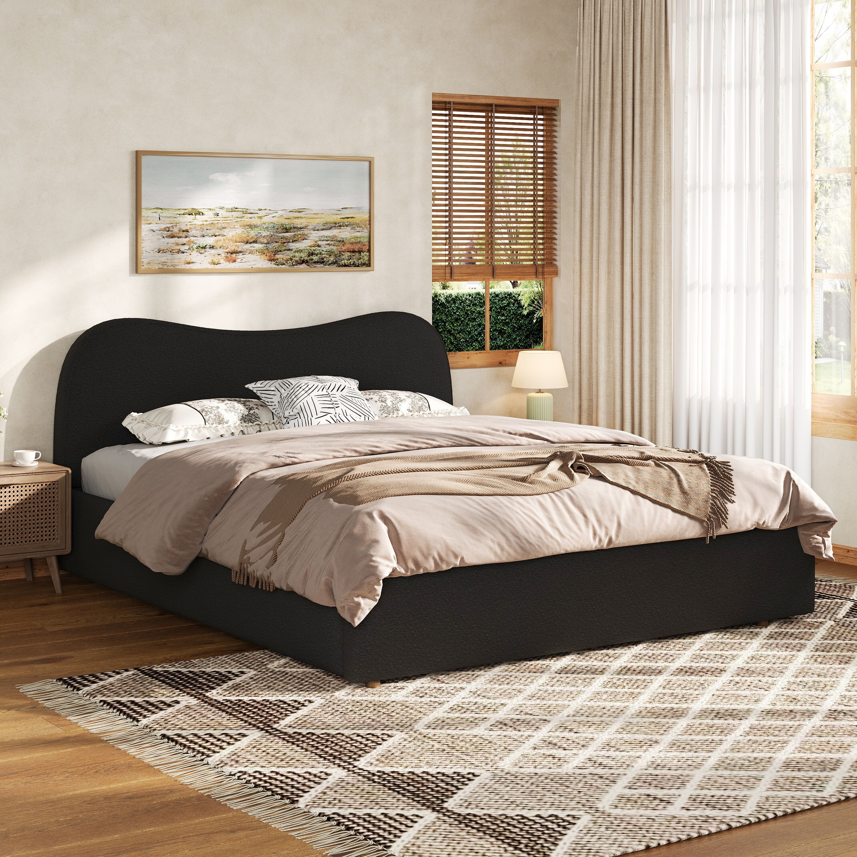 GDFStudio King Size Upholstered Platform Bed with Wooden Slats - Black