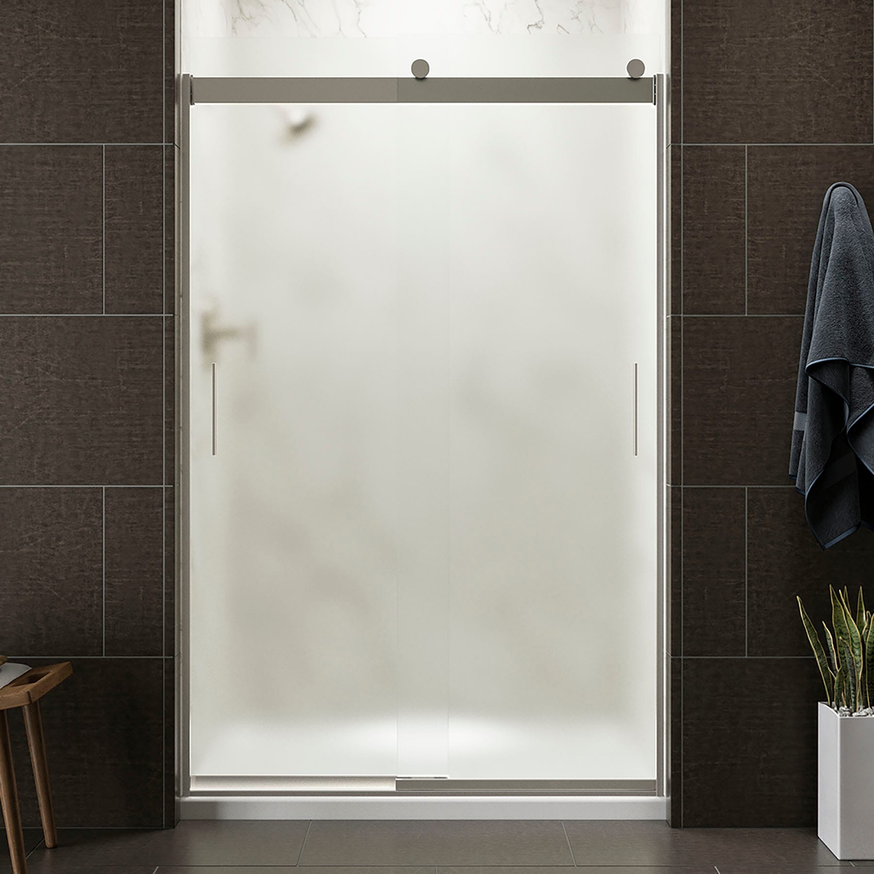 KOHLER 706008-D3-MX Levity Matte Nickel 43-in to 48-in W x 74-in H Frameless Frosted Glass Sliding Shower door