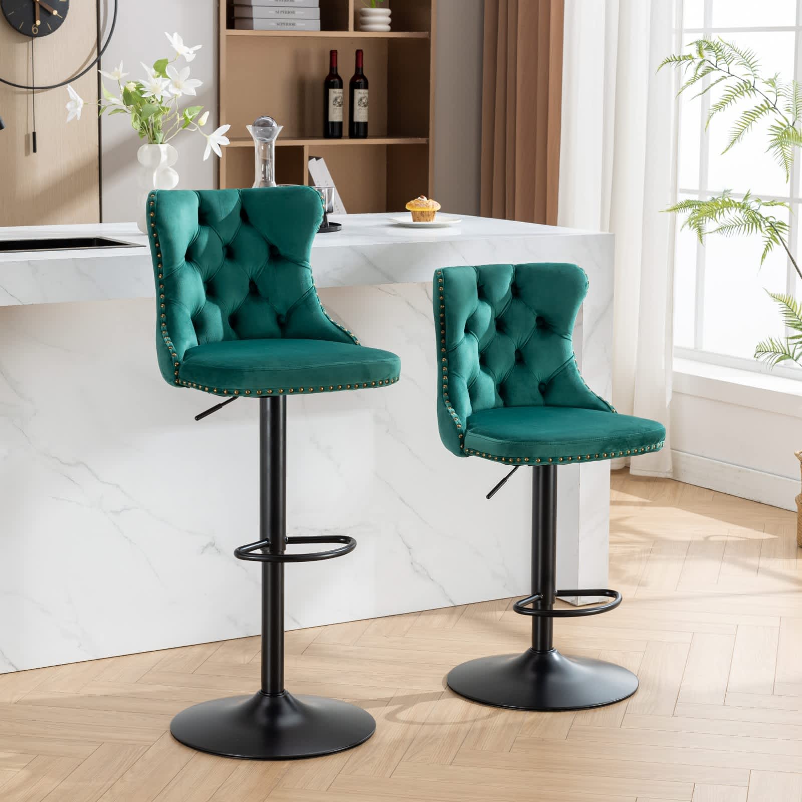 Vynxaria  Set of 2 Green Swivel Velvet Barstools Adjustable 25 to 33 Inches 18 Inch Stable Base Tufted Hand Pulled Buttons Cupreous Nailheads