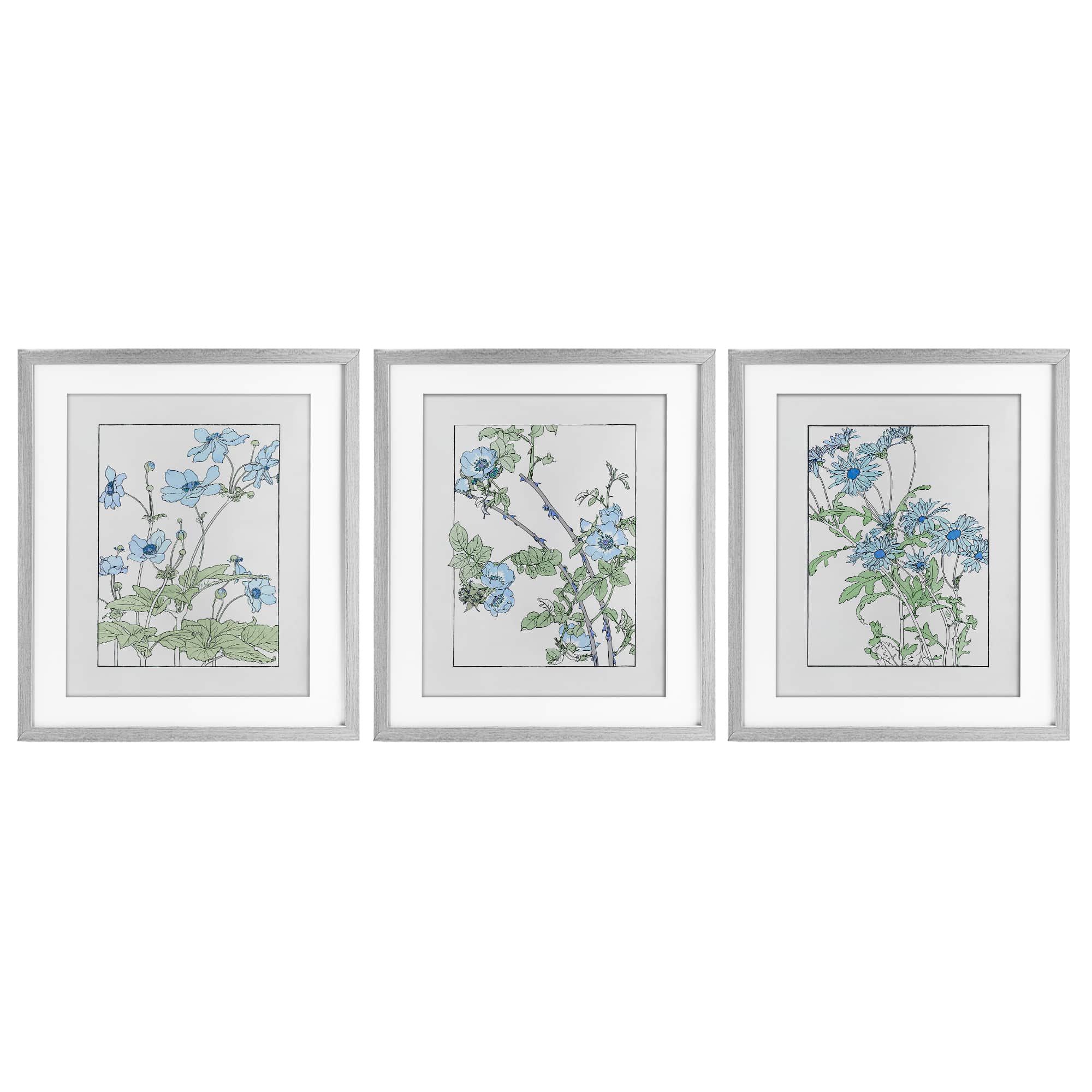 Stupell Industries A3-477-MFG-3PC-17X21 Wild Blooms with Detailed Outlines Gray 3pc Framed Print Under Glass Set 17 x 21