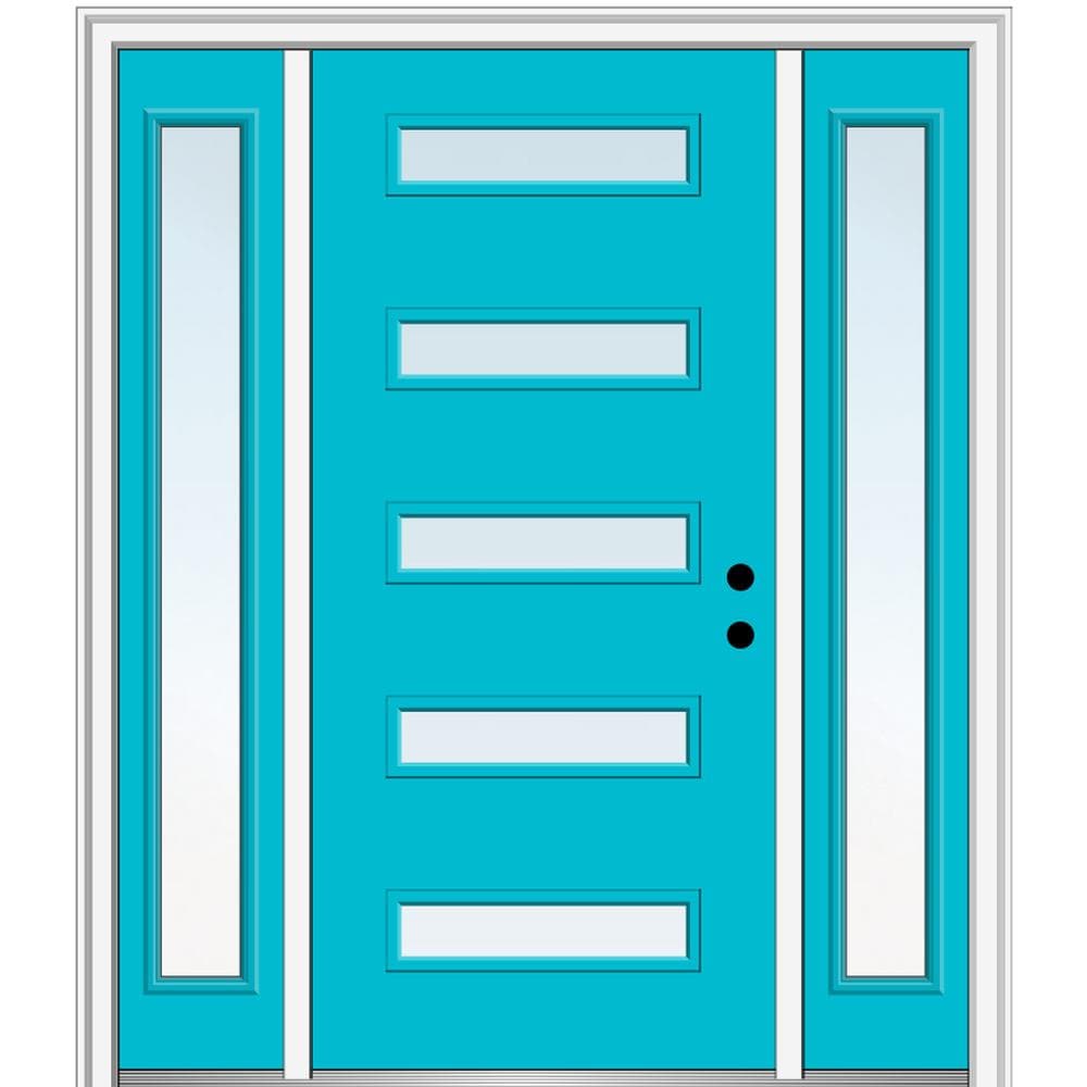 MMI DOOR ZZ346399L Spotlights 64-in x 80-in x 4-9/16-in Fiberglass Pulse lite Left-hand inswing Bahama Blue Painted Prehung Front Door with Sidelights with Brickmould Insulating core