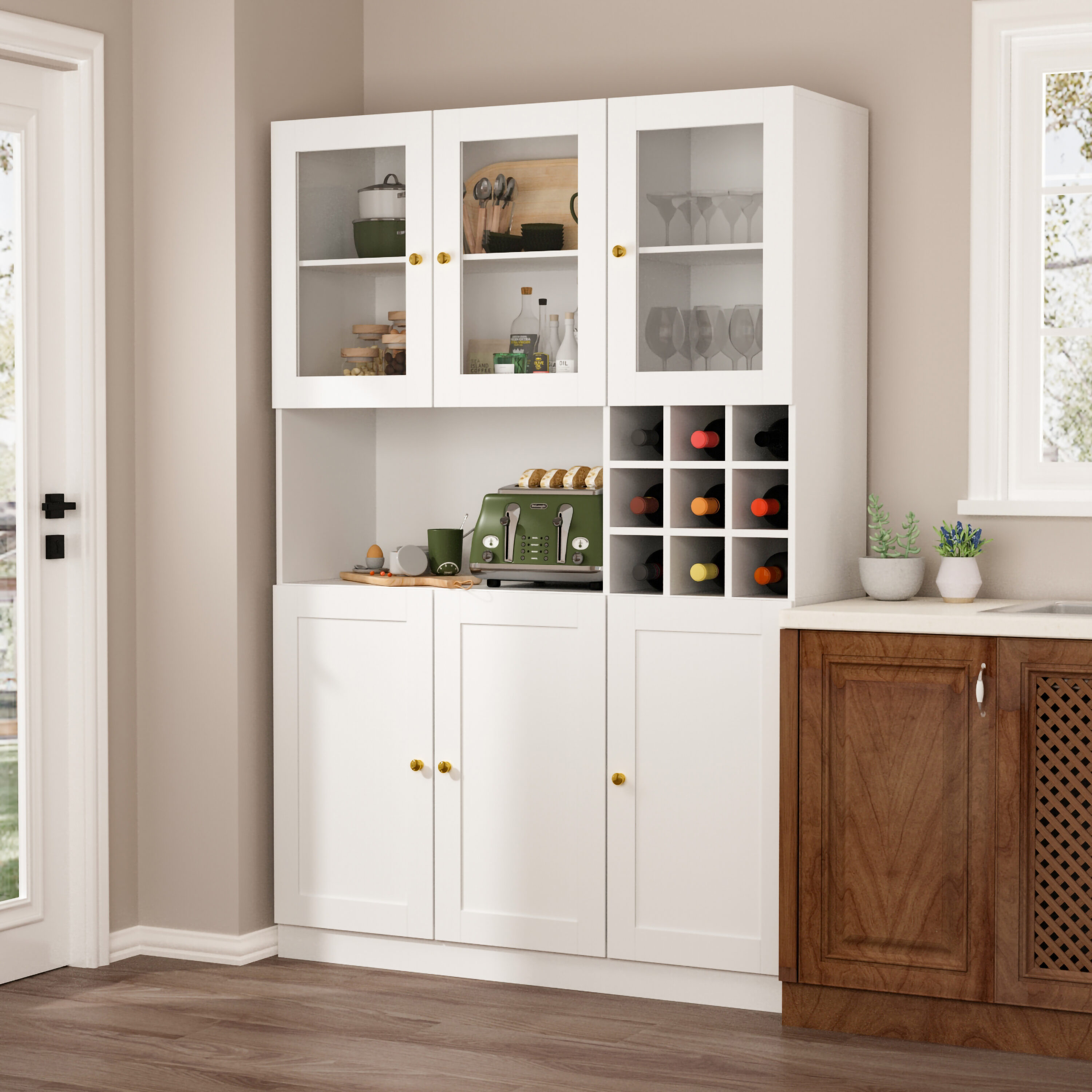4-Door 71' Kitchen Buffet Pantry Storage Cabinet w/Hutch Adjustable Shelf White Latitude Run Color: White